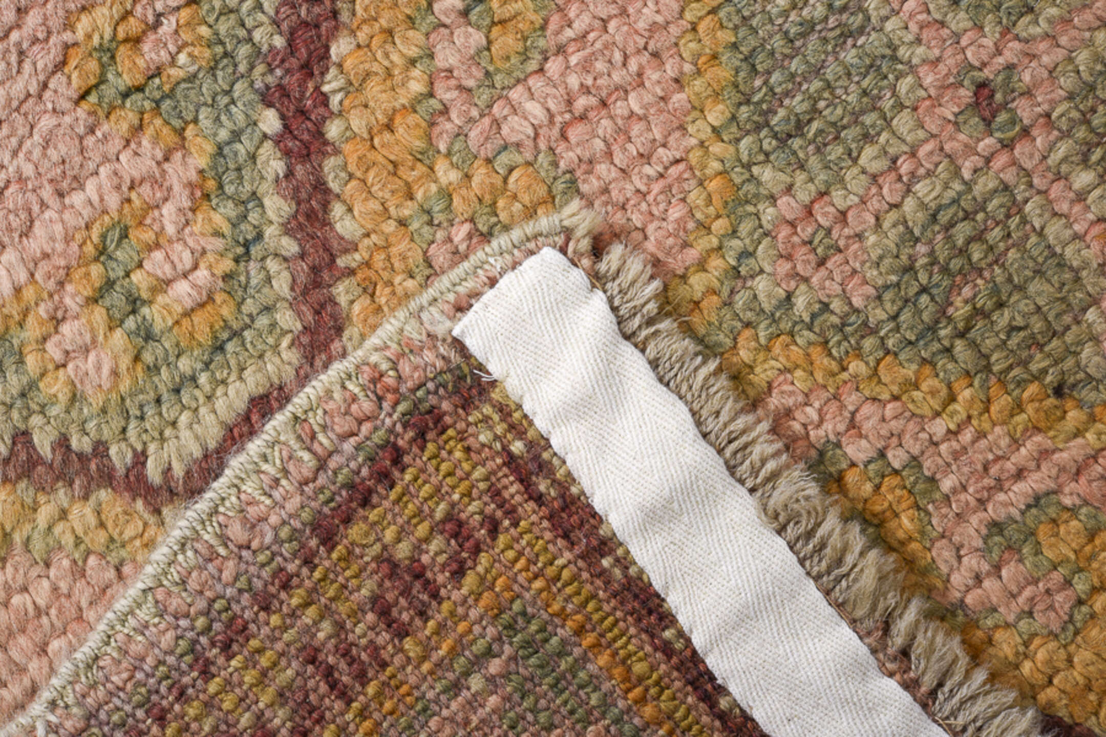3' x 11' one-of-a-kind handmade antique Oushak runner rug. Color palette: blush, sage, gold, rust, ivory, taupe, camel, pink