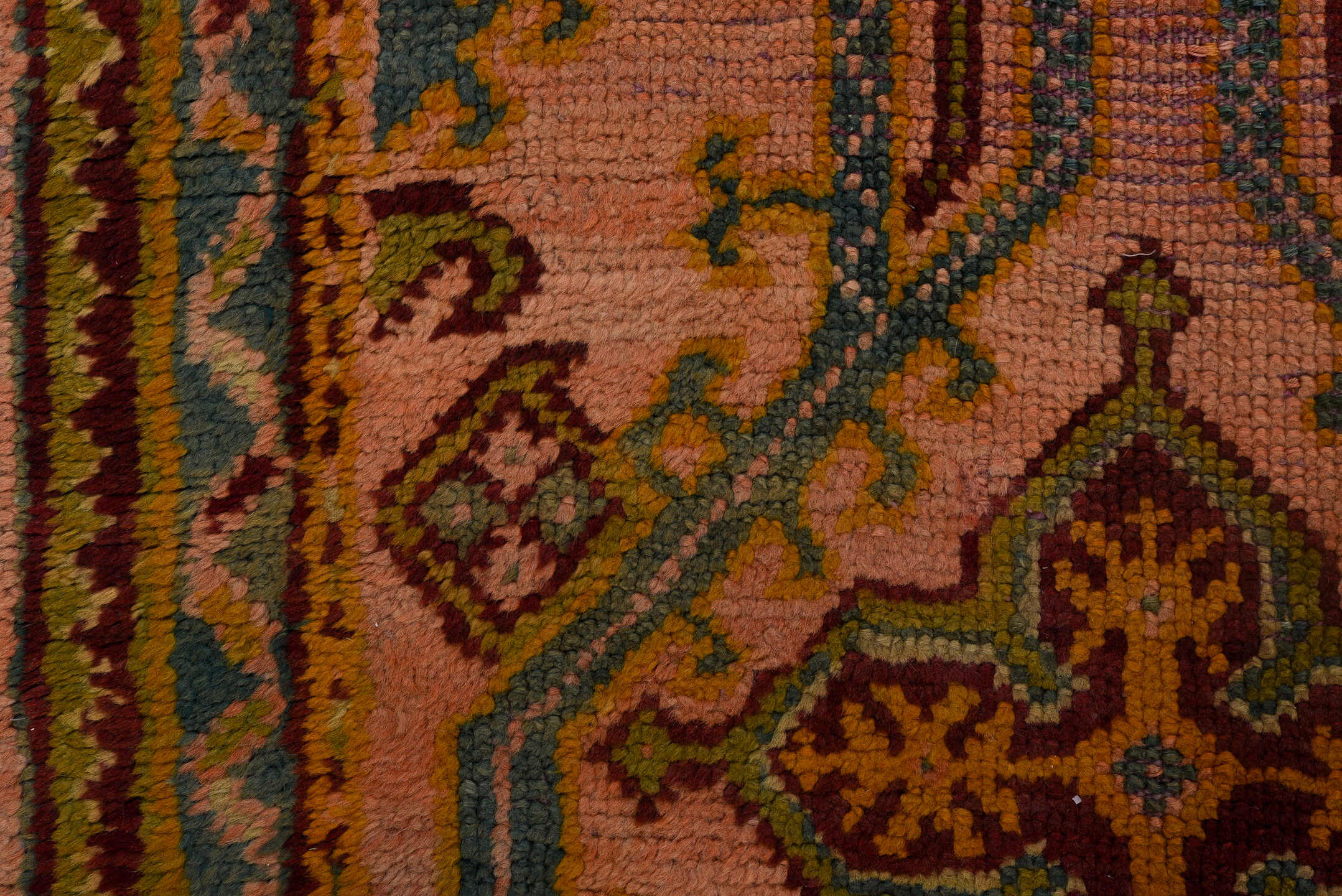 3' x 11' one-of-a-kind handmade antique Oushak runner rug. Color palette: rose, rust, sage, gold, teal, burgundy, ivory