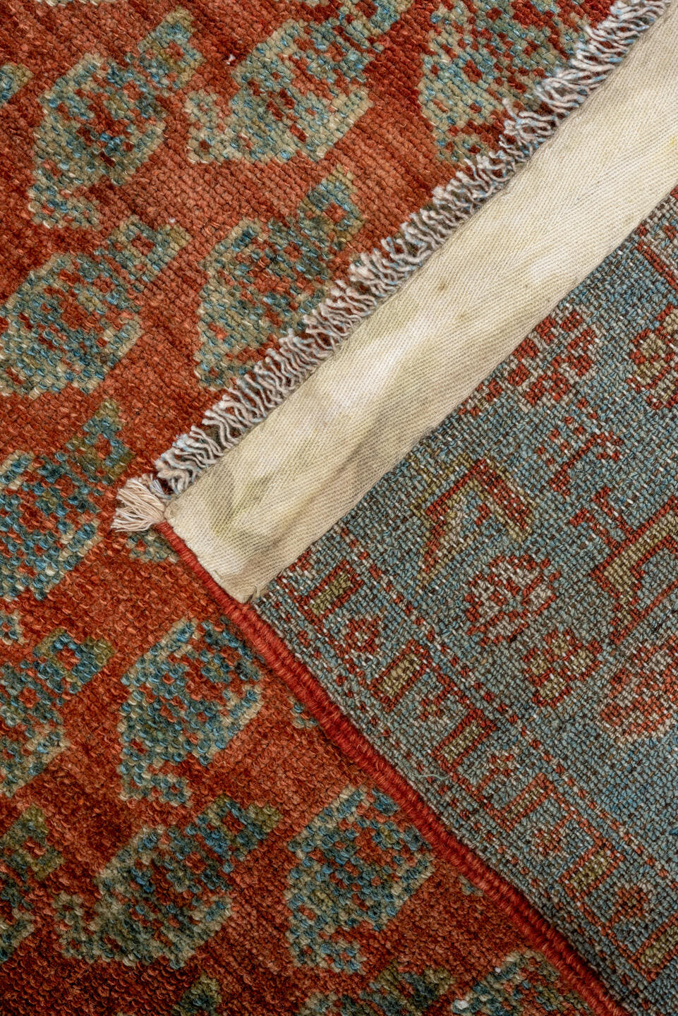 2' x 14' one-of-a-kind handmade antique Malayer runner rug. Color palette: rust, soft blue, brick, ivory, terra cotta, sage