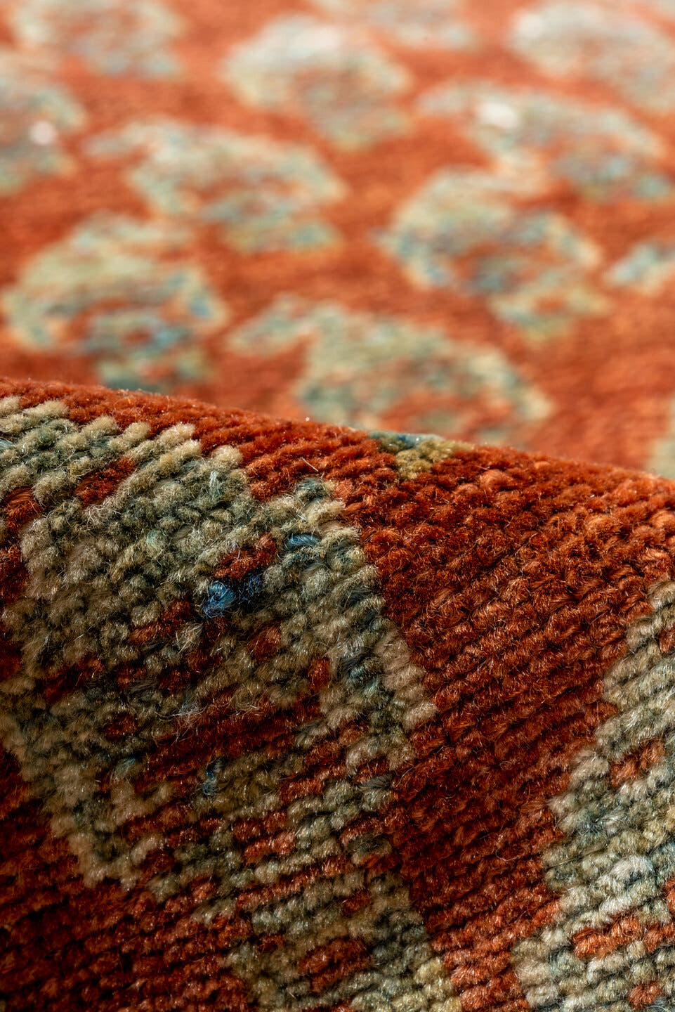 2' x 14' one-of-a-kind handmade antique Malayer runner rug. Color palette: rust, soft blue, brick, ivory, terra cotta, sage