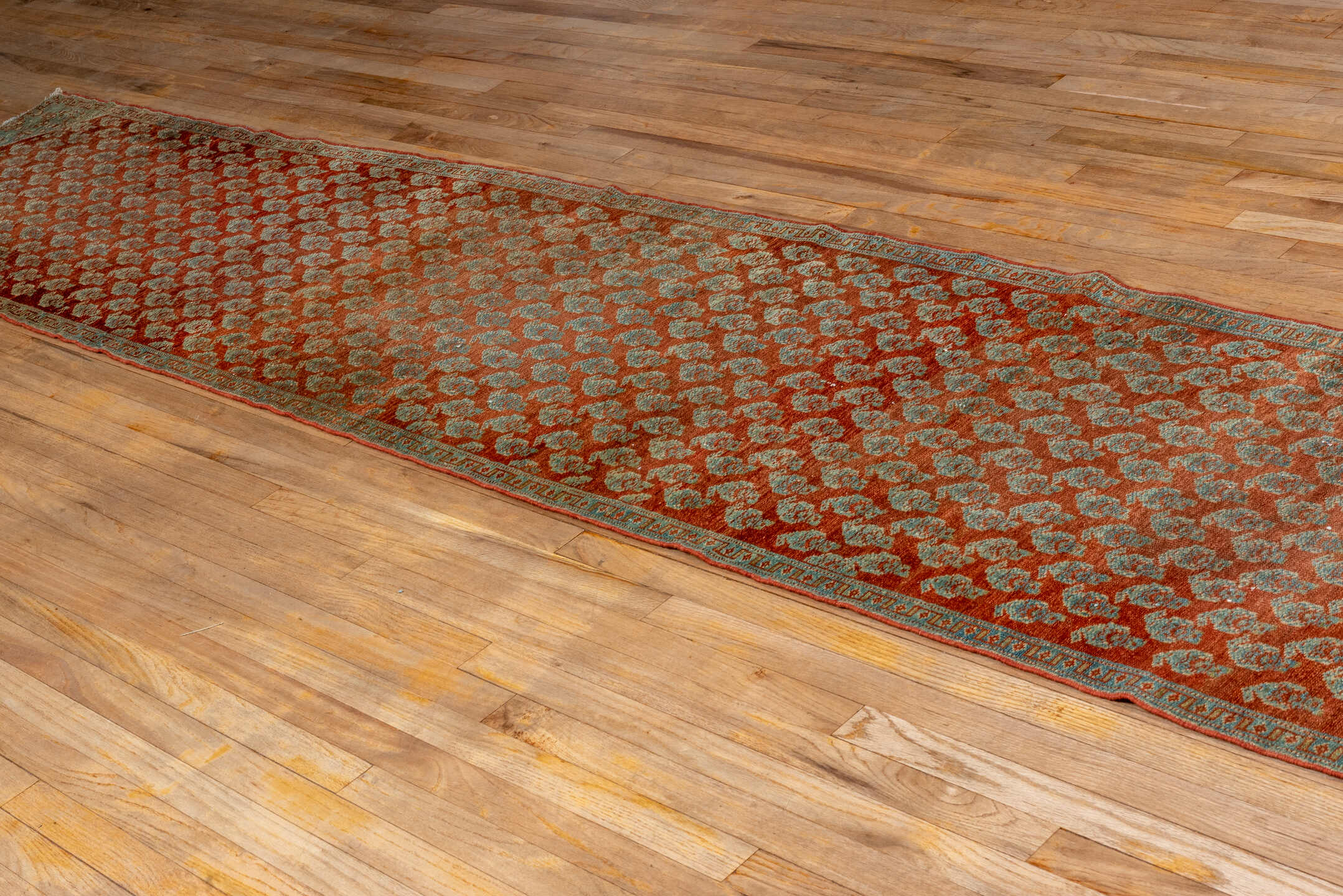 2' x 14' one-of-a-kind handmade antique Malayer runner rug. Color palette: rust, soft blue, brick, ivory, terra cotta, sage