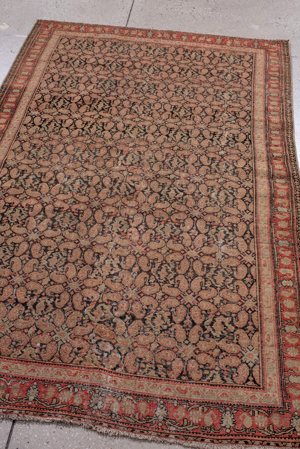 4' x 6' one-of-a-kind handmade vintage Senne small size rug. Color palette: black, brown, gray, pink, red