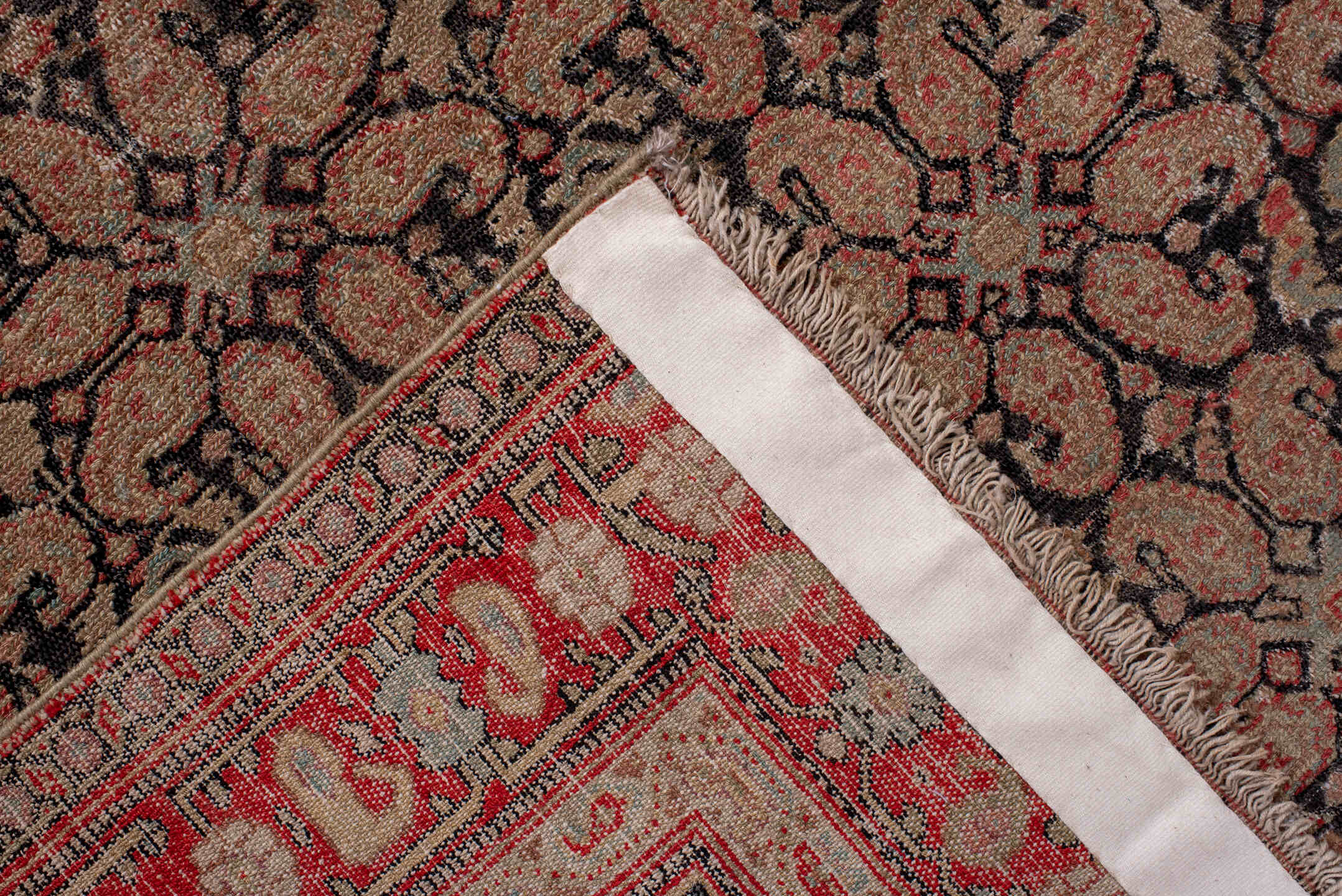 4' x 6' one-of-a-kind handmade vintage Senne small size rug. Color palette: black, brown, gray, pink, red