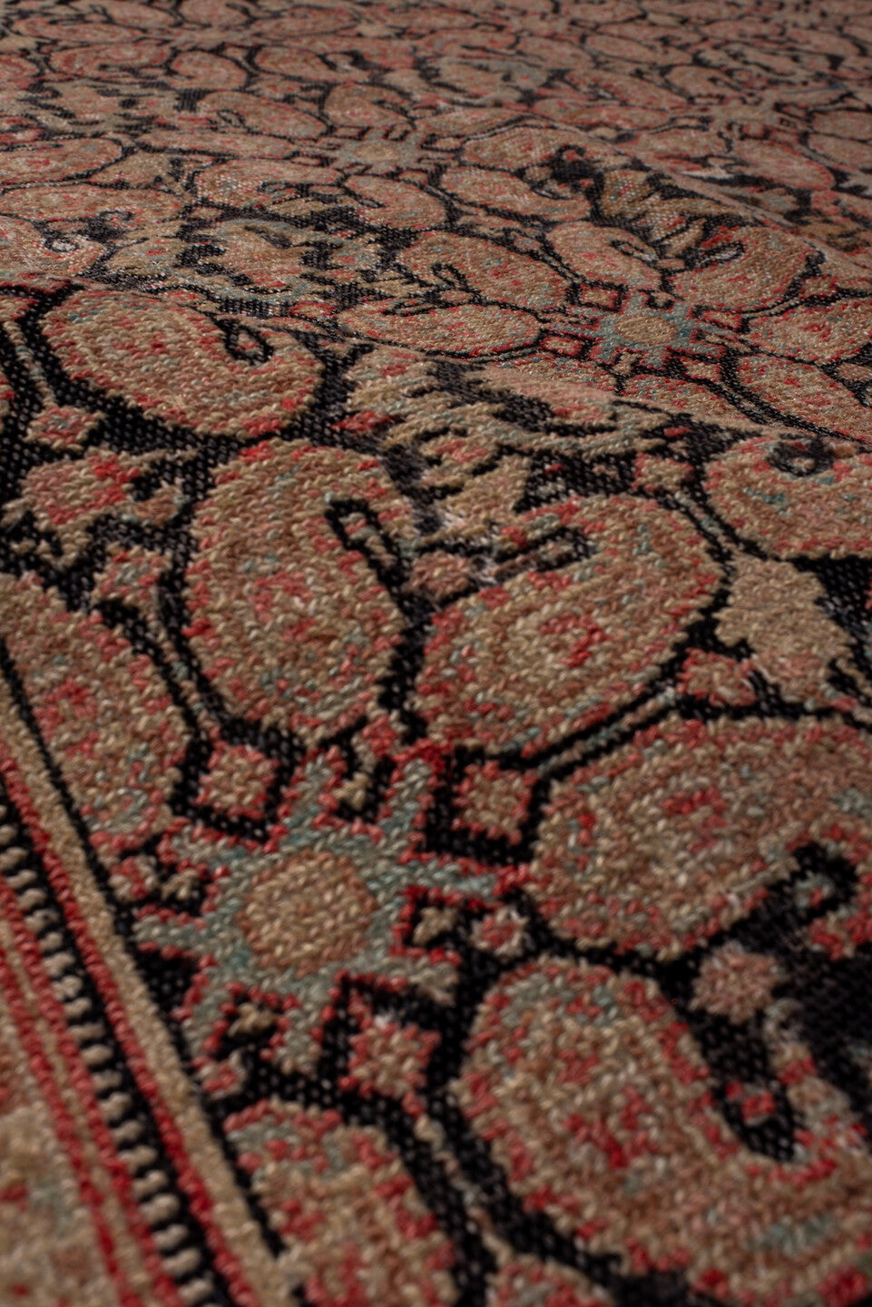 4' x 6' one-of-a-kind handmade vintage Senne small size rug. Color palette: black, brown, gray, pink, red