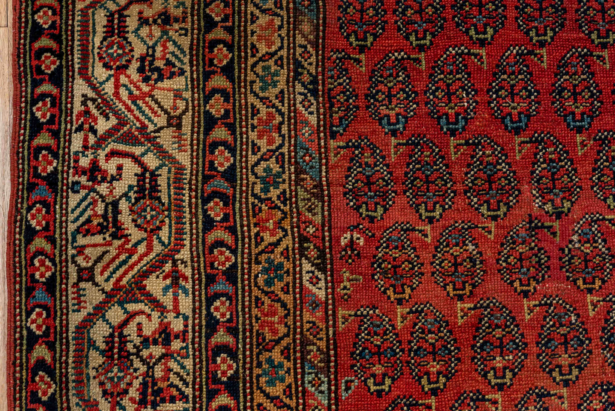 4' x 11' one-of-a-kind handmade antique Saraband runner rug. Color palette: rust, ivory, navy, camel, terracotta, charcoal