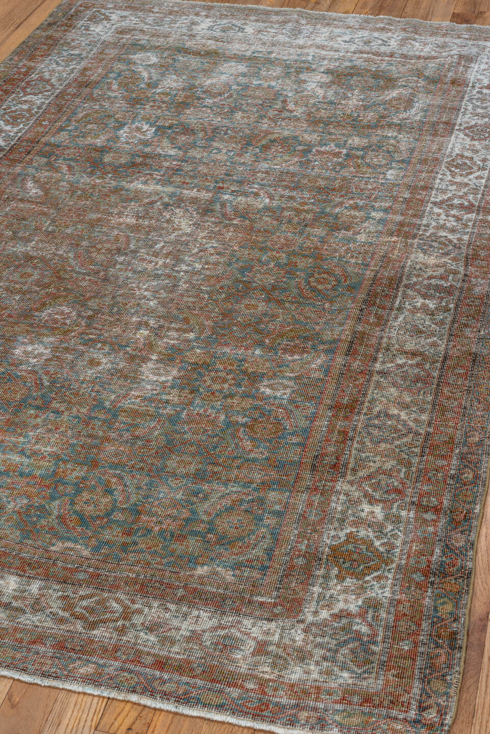 4' x 6' one-of-a-kind handmade antique Farahan small size rug. Color palette: rust, ivory, aqua, taupe, brown, slate