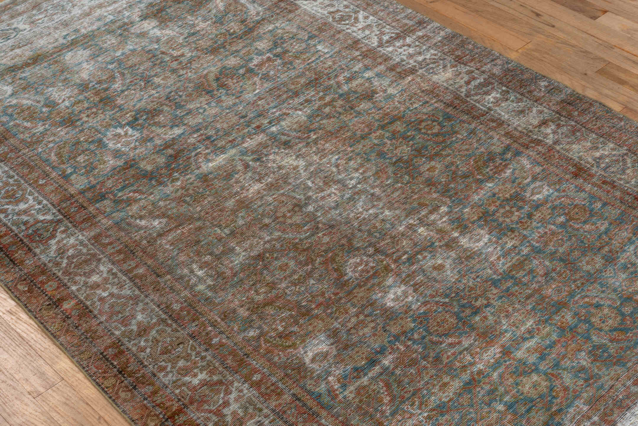 4' x 6' one-of-a-kind handmade antique Farahan small size rug. Color palette: rust, ivory, aqua, taupe, brown, slate