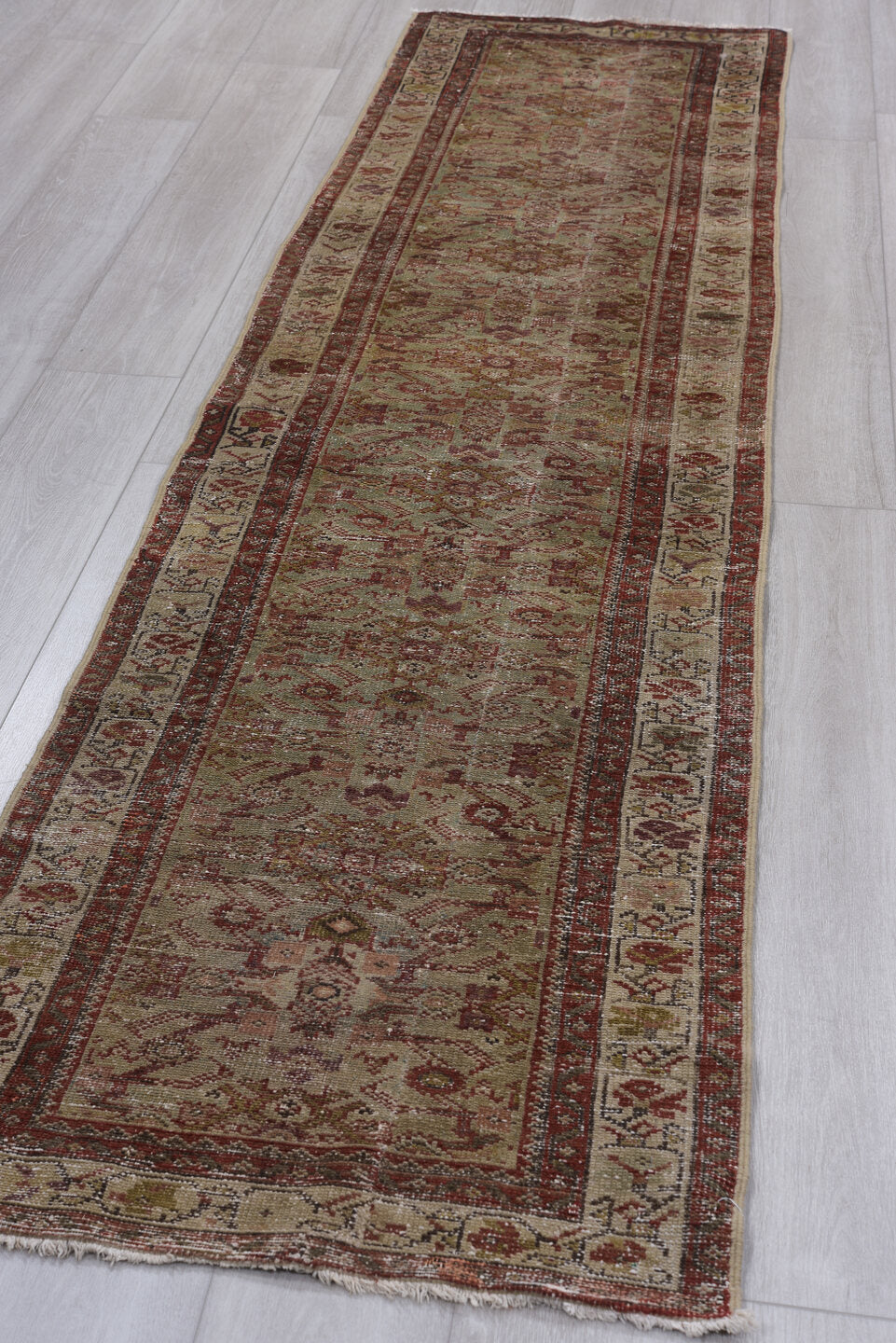 3' x 10' one-of-a-kind handmade vintage Malayer runner rug. Color palette: brown, gainsboro, gray, light gray, off-white