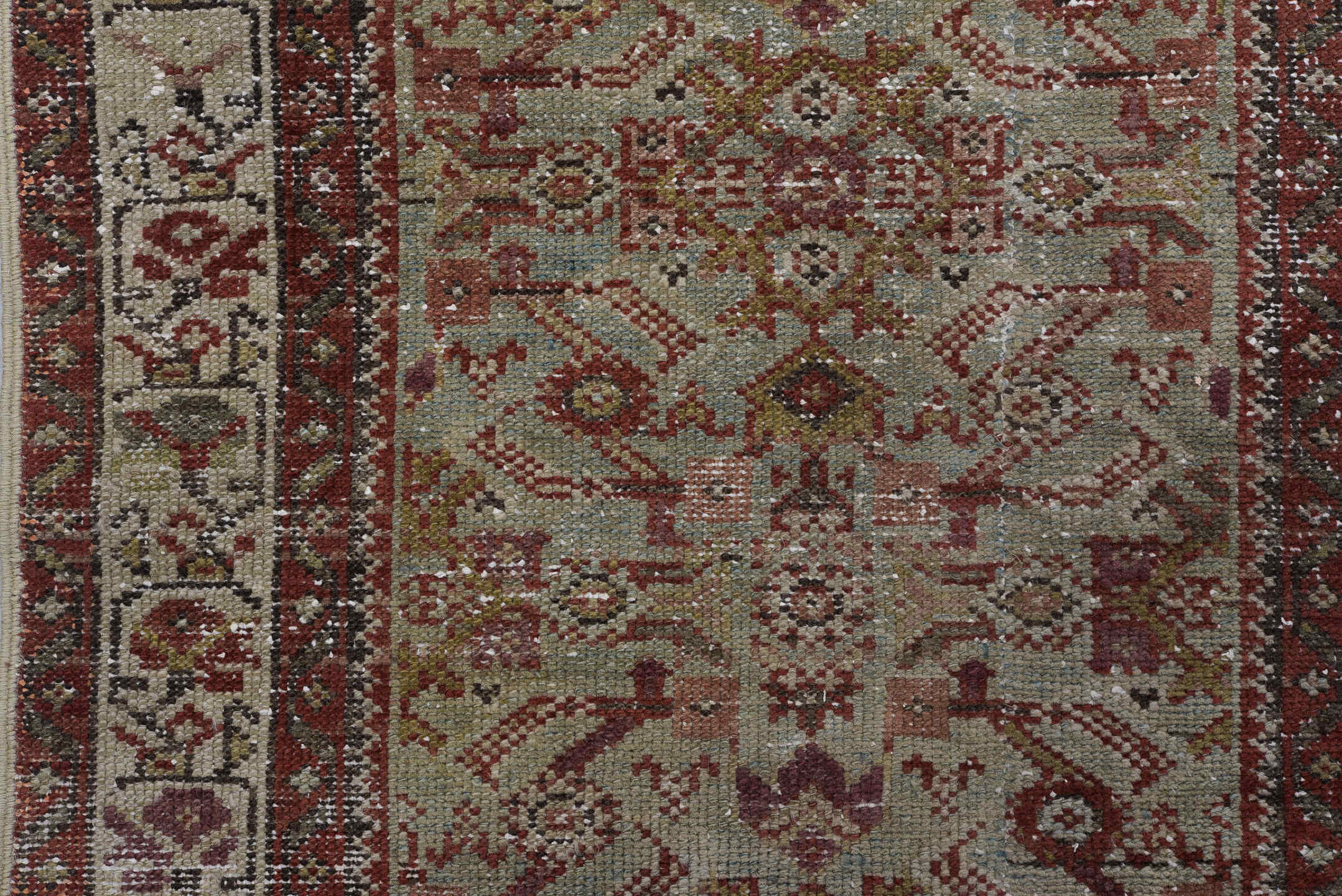 3' x 10' one-of-a-kind handmade vintage Malayer runner rug. Color palette: brown, gainsboro, gray, light gray, off-white