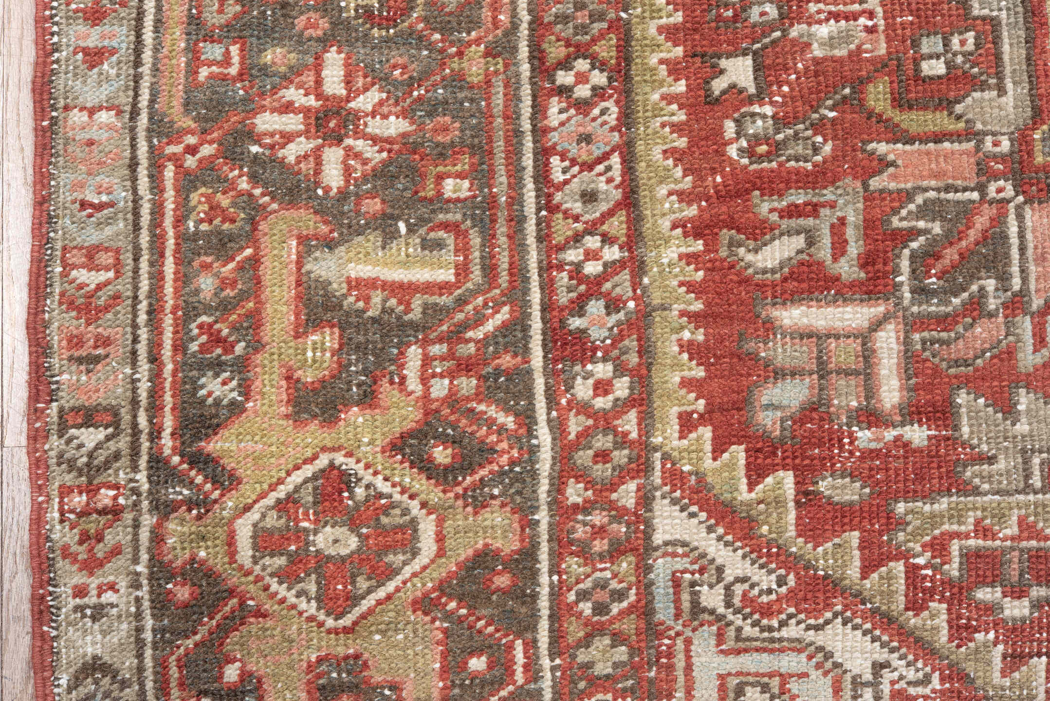 8' x 11' one-of-a-kind handmade antique Heriz large size rug. Color palette: ivory, rust, brick red, taupe, brown