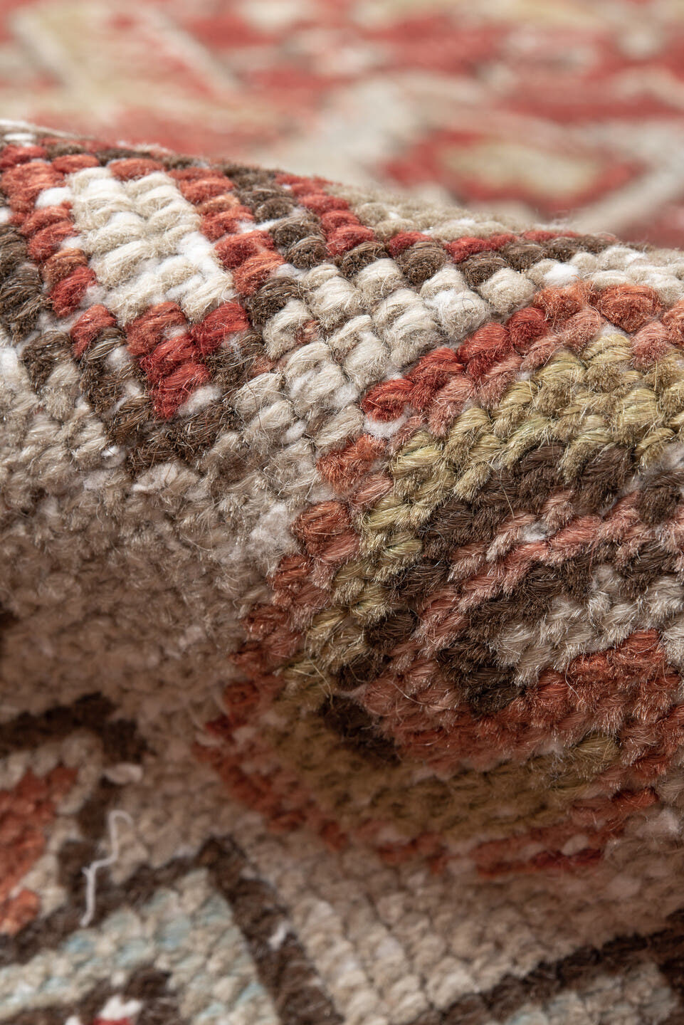 8' x 11' one-of-a-kind handmade antique Heriz large size rug. Color palette: ivory, rust, brick red, taupe, brown