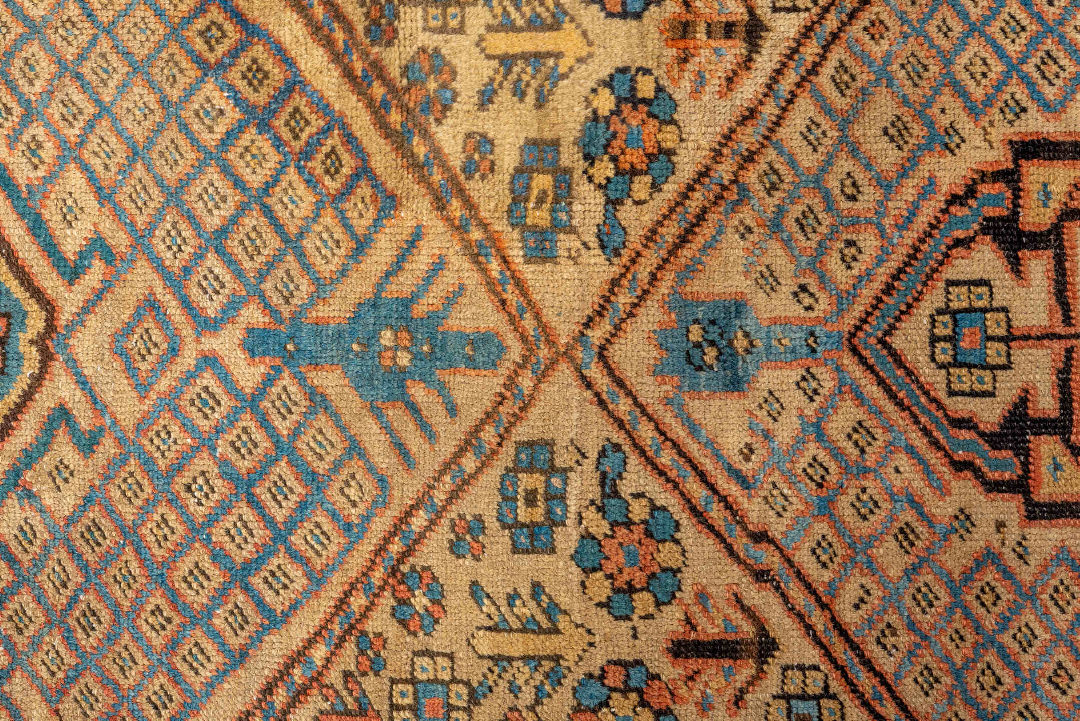 3' x 13' one-of-a-kind handmade antique Sarab runner rug. Color palette: ivory, rust, sky_blue, indigo, camel, terracotta