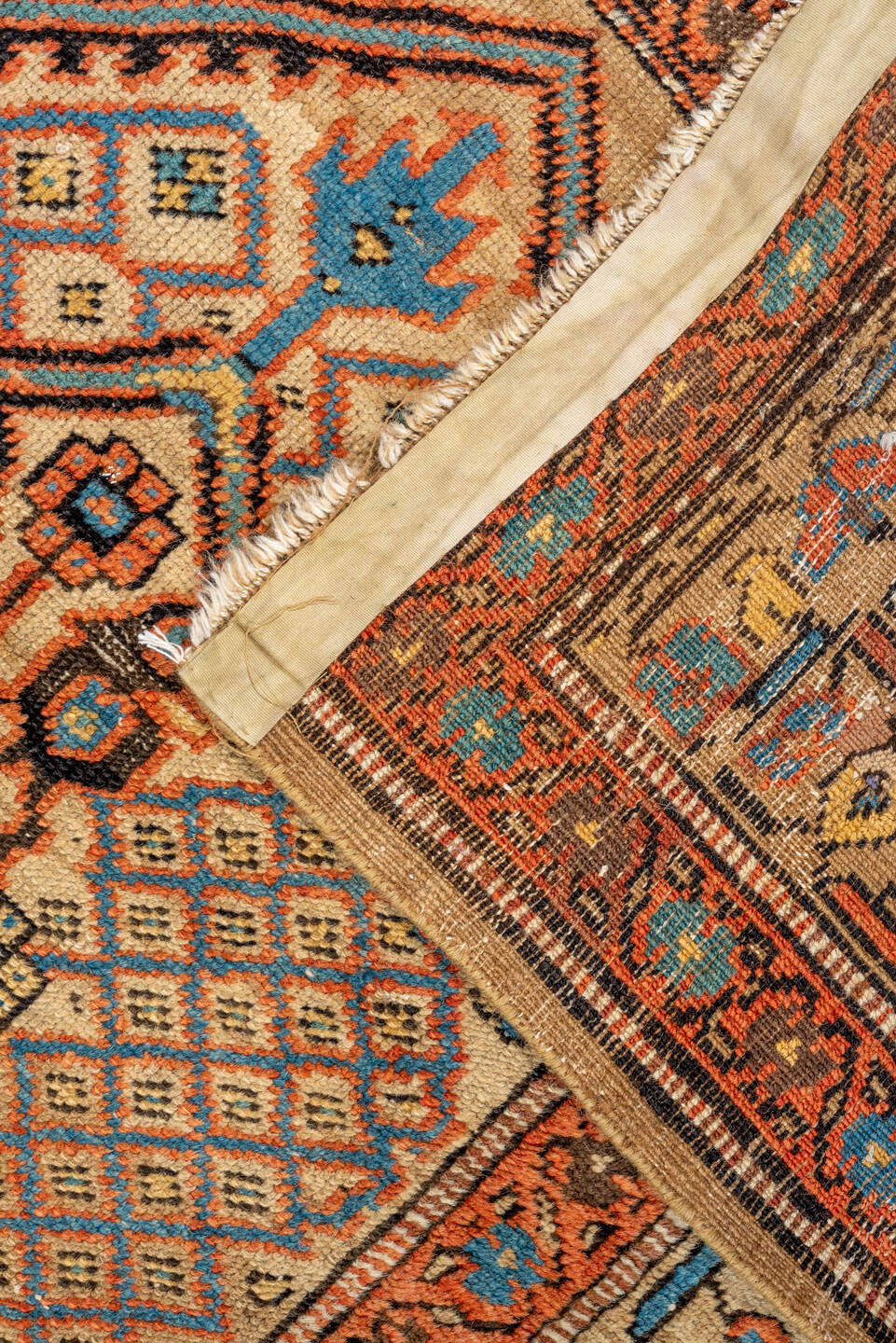 3' x 13' one-of-a-kind handmade antique Sarab runner rug. Color palette: ivory, rust, sky_blue, indigo, camel, terracotta