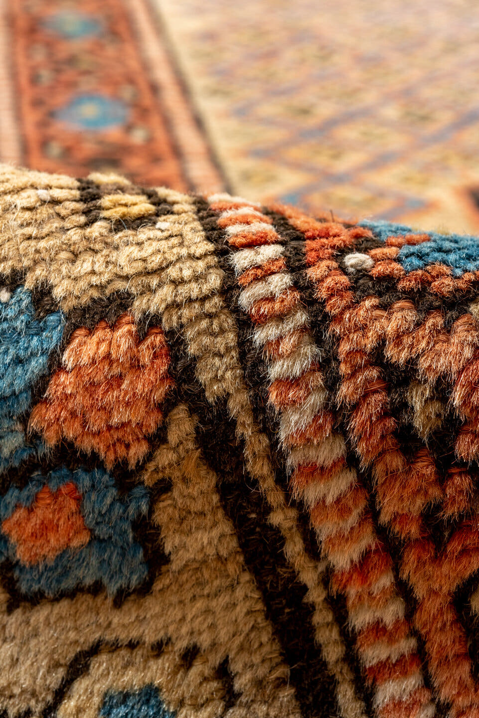 3' x 13' one-of-a-kind handmade antique Sarab runner rug. Color palette: ivory, rust, sky_blue, indigo, camel, terracotta