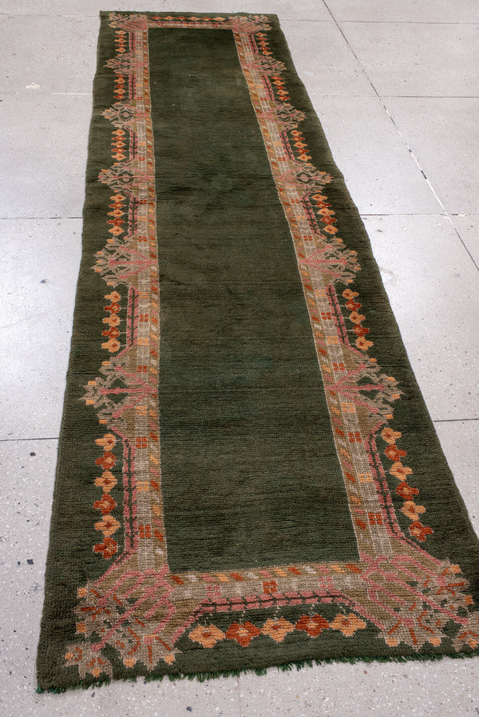 3' x 11' one-of-a-kind handmade antique Oushak runner rug. Color palette: olive, taupe, rose, rust, ivory, charcoal, green