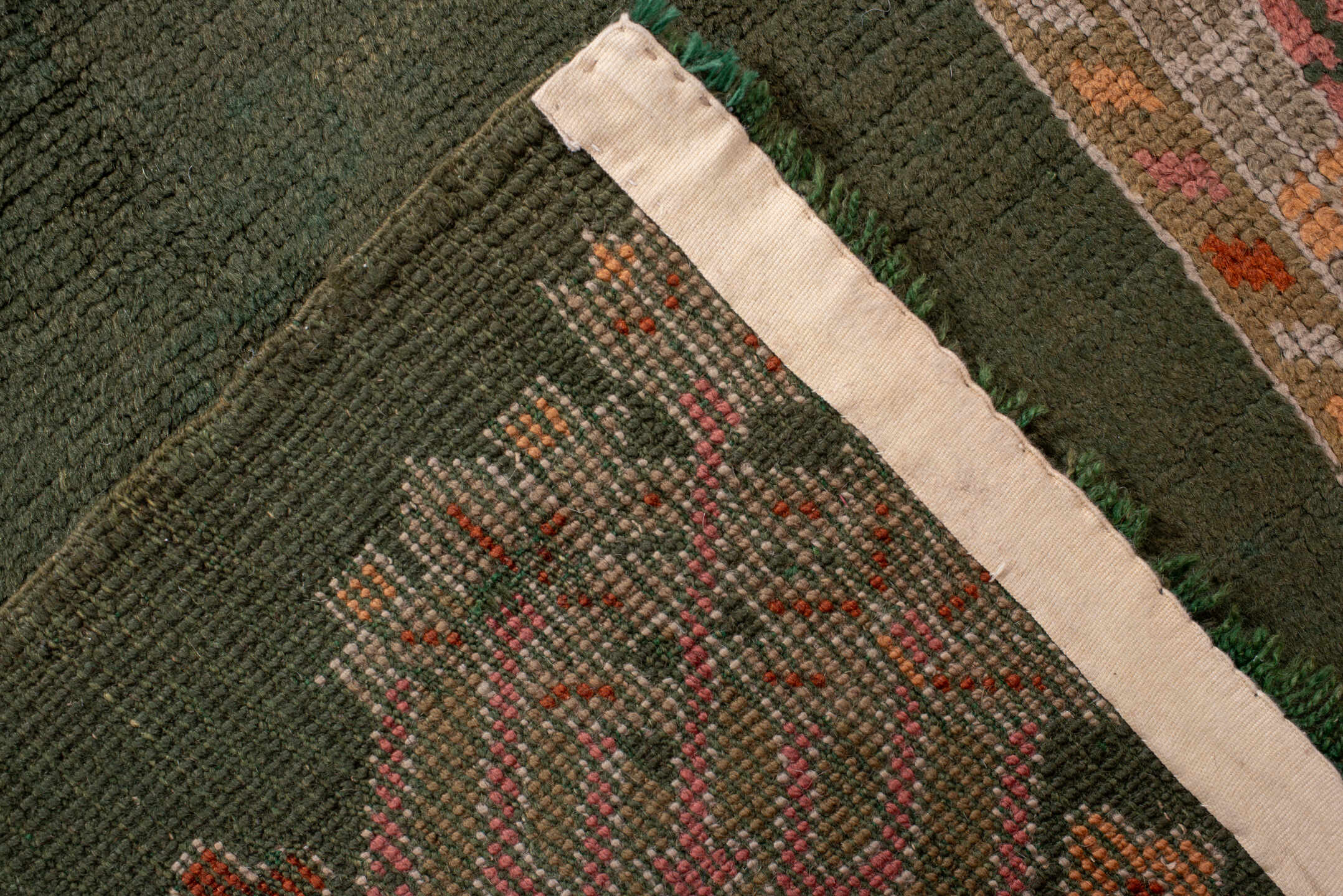 3' x 11' one-of-a-kind handmade antique Oushak runner rug. Color palette: olive, taupe, rose, rust, ivory, charcoal, green