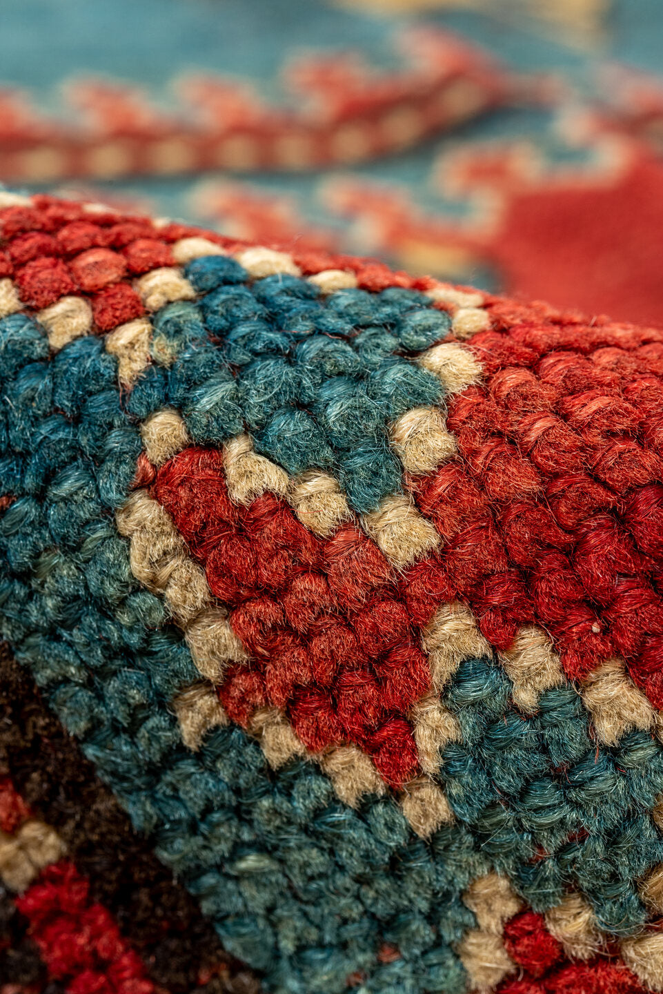 4' x 7' one-of-a-kind handmade vintage Kazak rug. Color palette: arapawa, black, blue, brown, dark red, fiord, gray