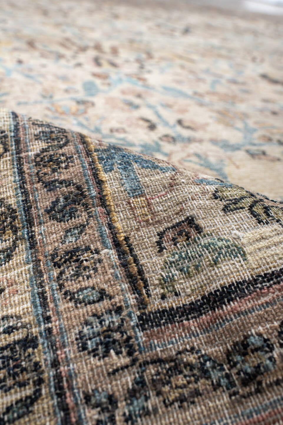 9' x 12' one-of-a-kind handmade vintage Khorassan large size rug. Color palette: ivory, pale blue, blush, charcoal, taupe