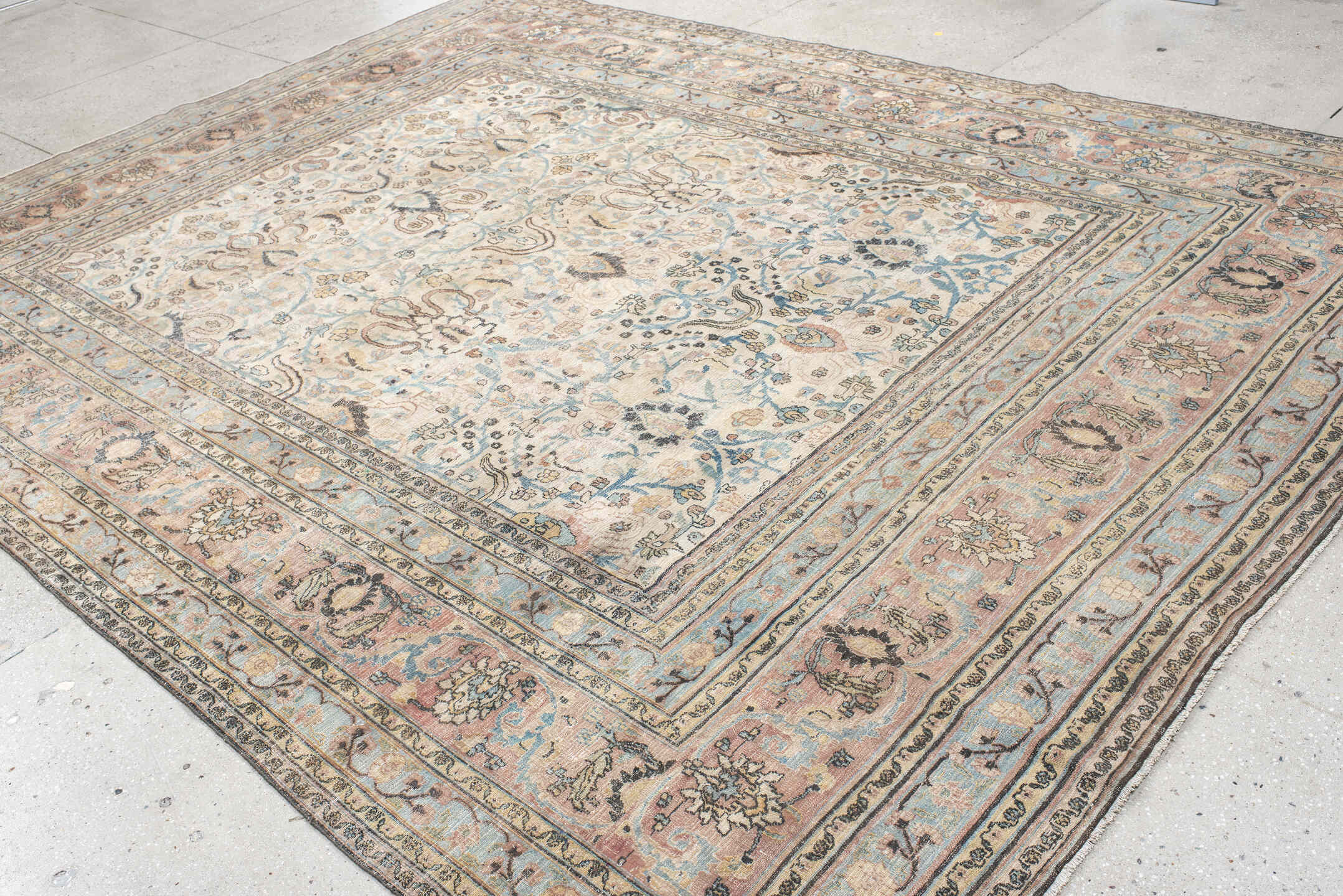 9' x 12' one-of-a-kind handmade vintage Khorassan large size rug. Color palette: ivory, pale blue, blush, charcoal, taupe
