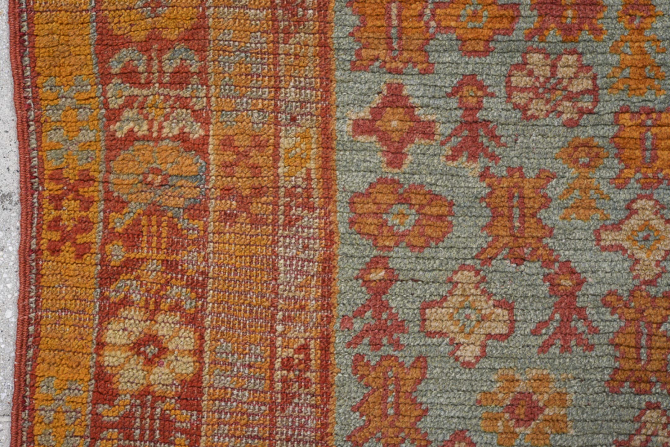 3' x 5' one-of-a-kind handmade antique Oushak small size rug. Color palette: rust, pale blue, gold, terra cotta, ivory