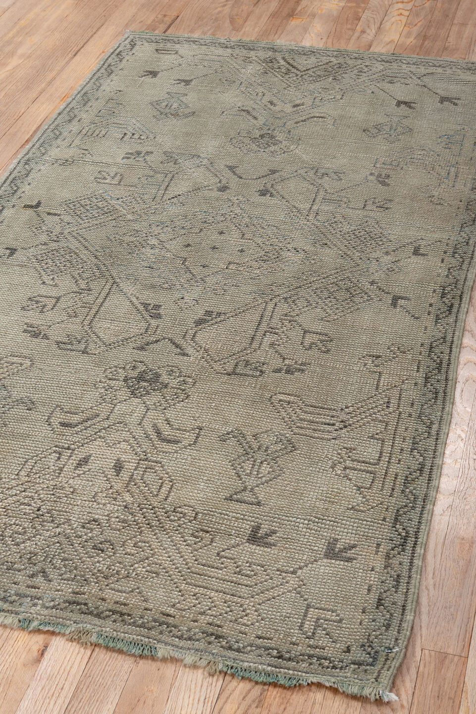 3' x 5' one-of-a-kind handmade antique Oushak small size rug. Color palette: ivory, taupe, sage, olive, charcoal, beige