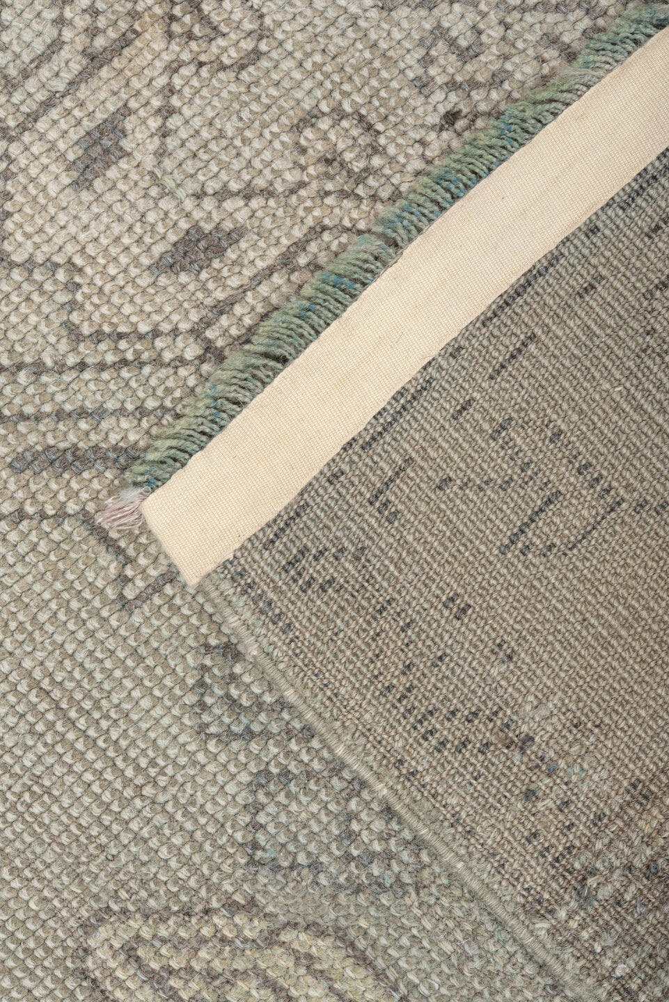 3' x 5' one-of-a-kind handmade antique Oushak small size rug. Color palette: ivory, taupe, sage, olive, charcoal, beige