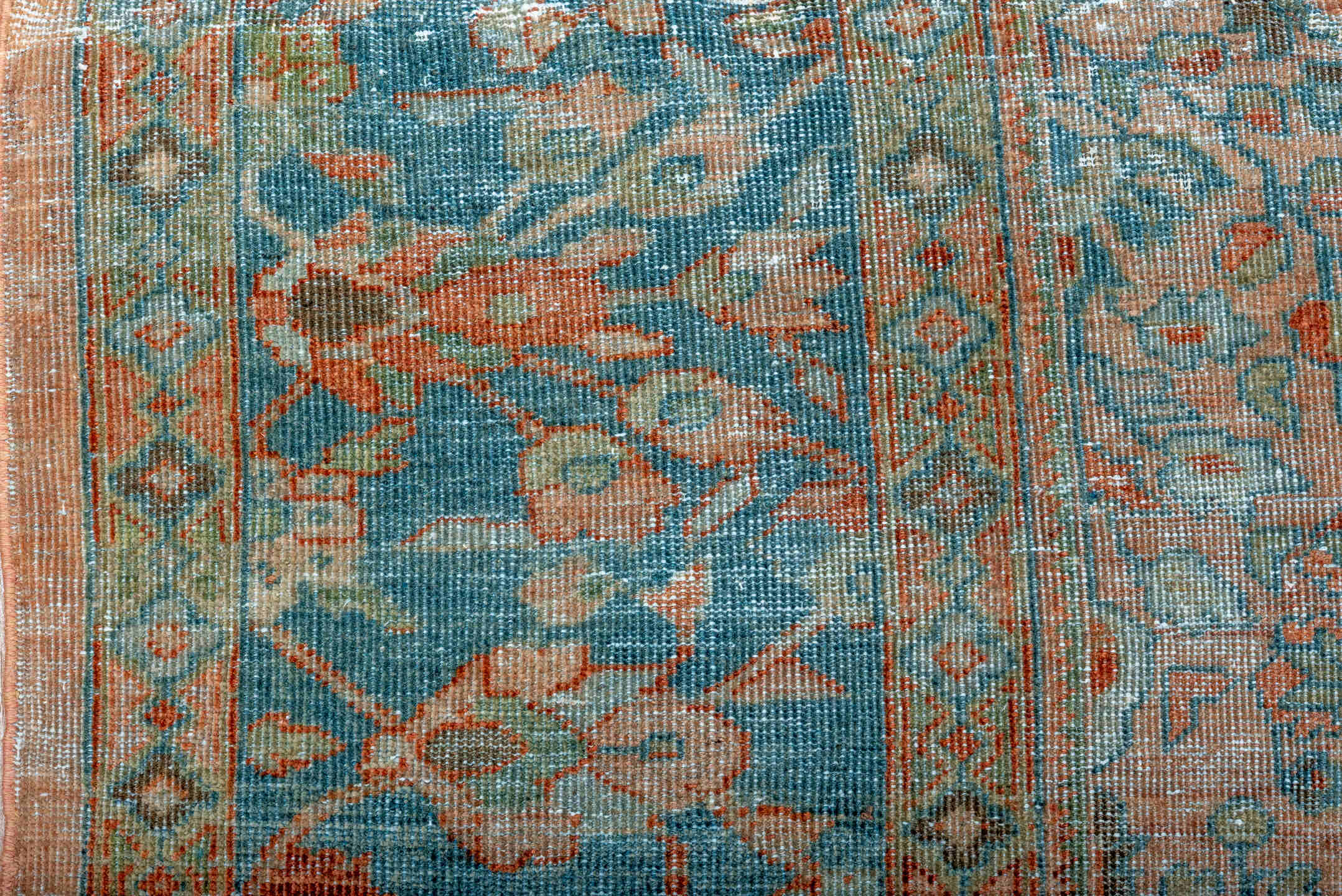 10' x 13' one-of-a-kind handmade antique Mahal large size rug. Color palette: aqua, terra cotta, ivory, sage, rust, taupe