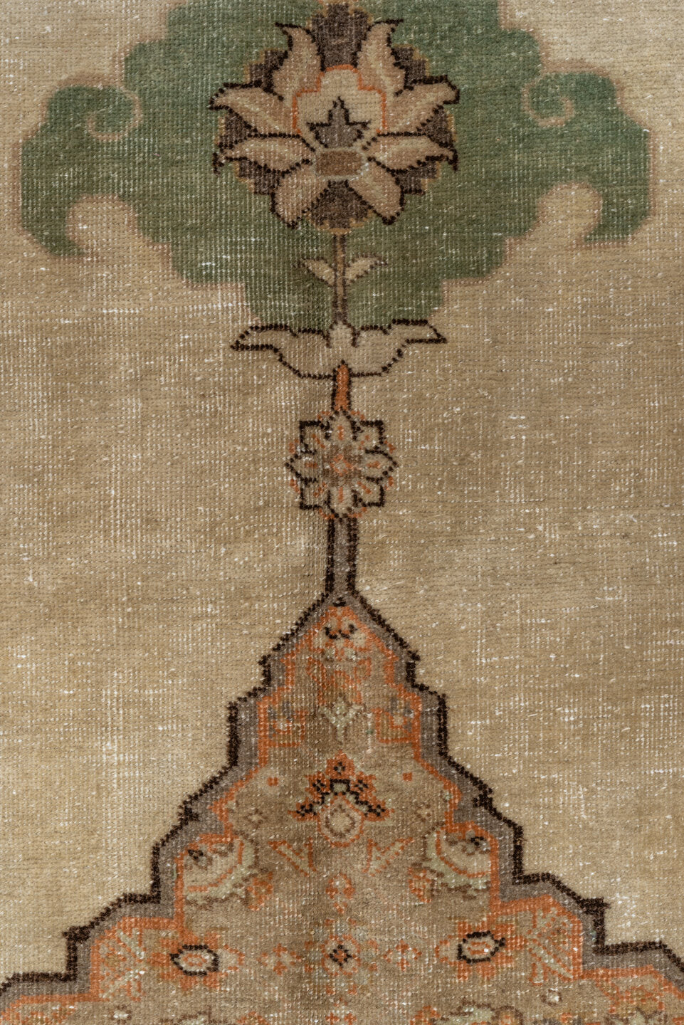 9' x 11' one-of-a-kind handmade antique Tabriz large size rug. Color palette: ivory, blush, taupe, sage, camel, brown, peach