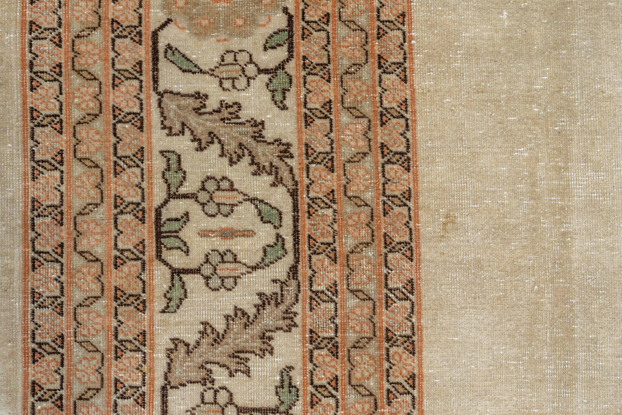 9' x 11' one-of-a-kind handmade antique Tabriz large size rug. Color palette: ivory, blush, taupe, sage, camel, brown, peach