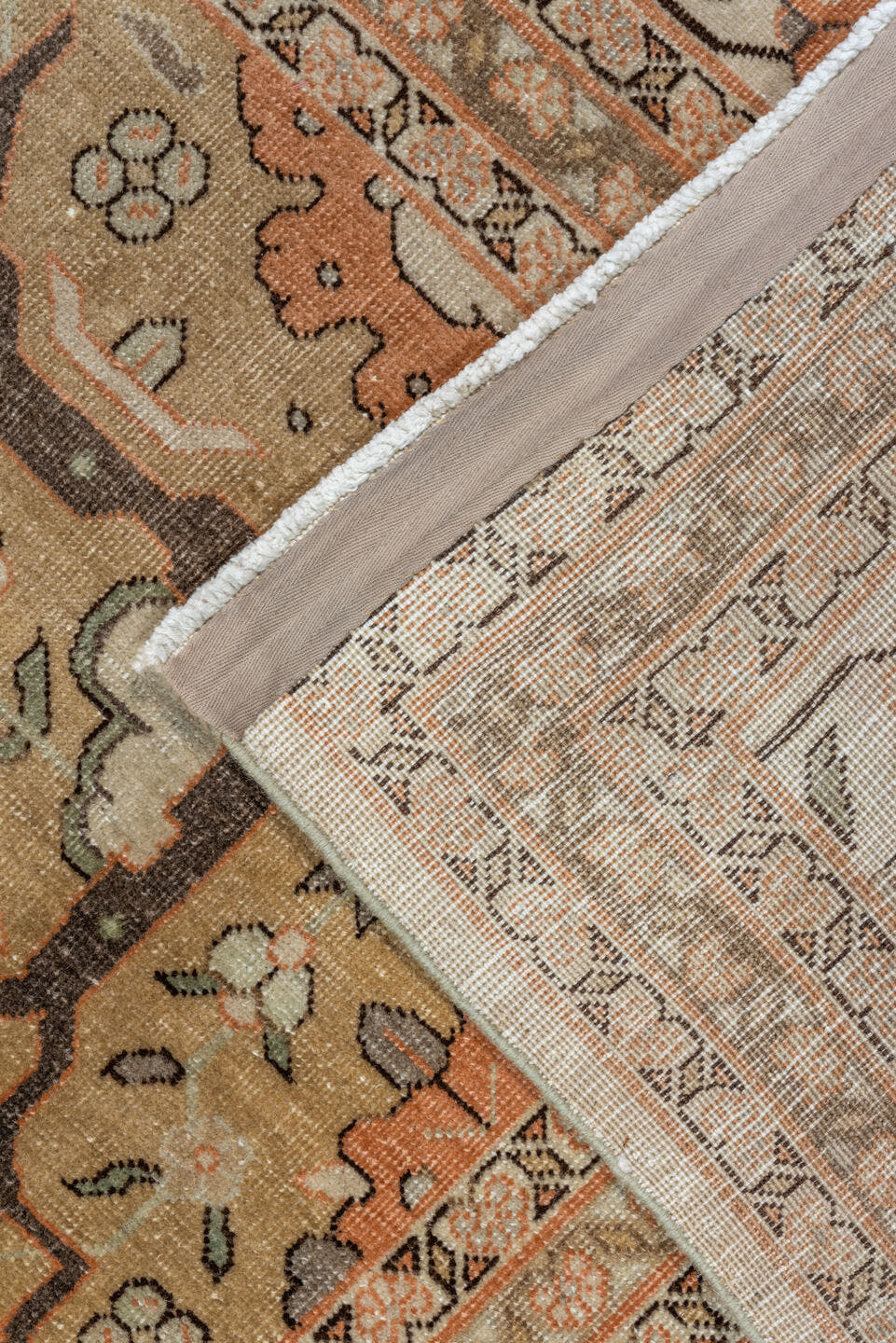 9' x 11' one-of-a-kind handmade antique Tabriz large size rug. Color palette: ivory, blush, taupe, sage, camel, brown, peach