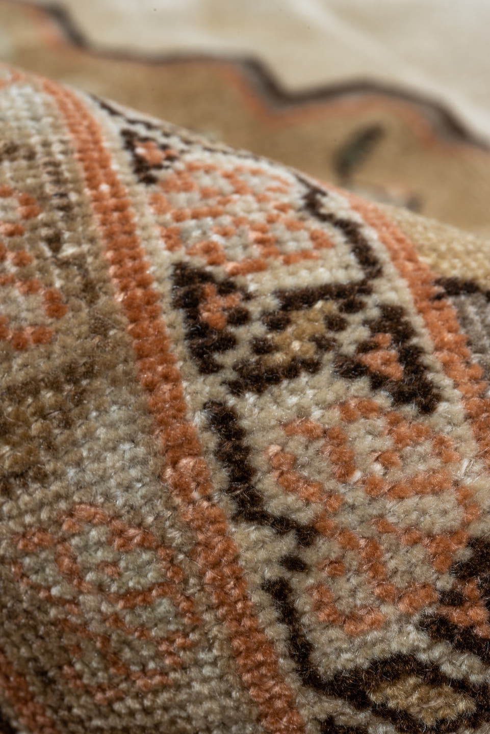 9' x 11' one-of-a-kind handmade antique Tabriz large size rug. Color palette: ivory, blush, taupe, sage, camel, brown, peach