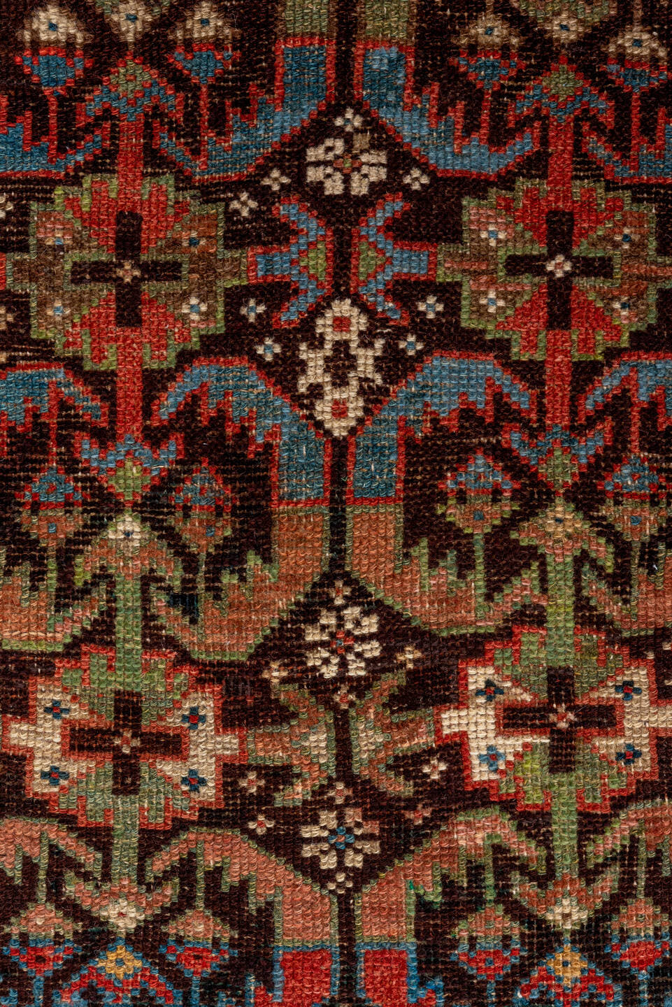 2' x 12' one-of-a-kind handmade antique NW Persian runner rug. Color palette: brown, rust, navy, ivory, camel, indigo