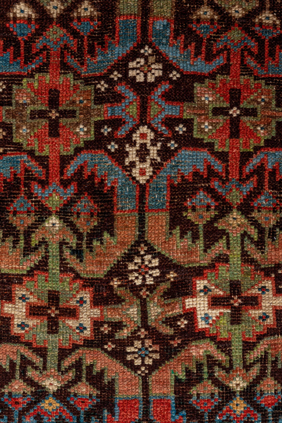 2' x 12' one-of-a-kind handmade antique NW Persian runner rug. Color palette: brown, rust, navy, ivory, camel, indigo