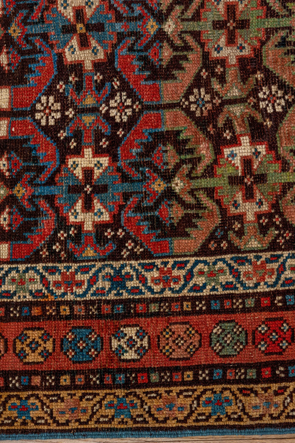 2' x 12' one-of-a-kind handmade antique NW Persian runner rug. Color palette: brown, rust, navy, ivory, camel, indigo