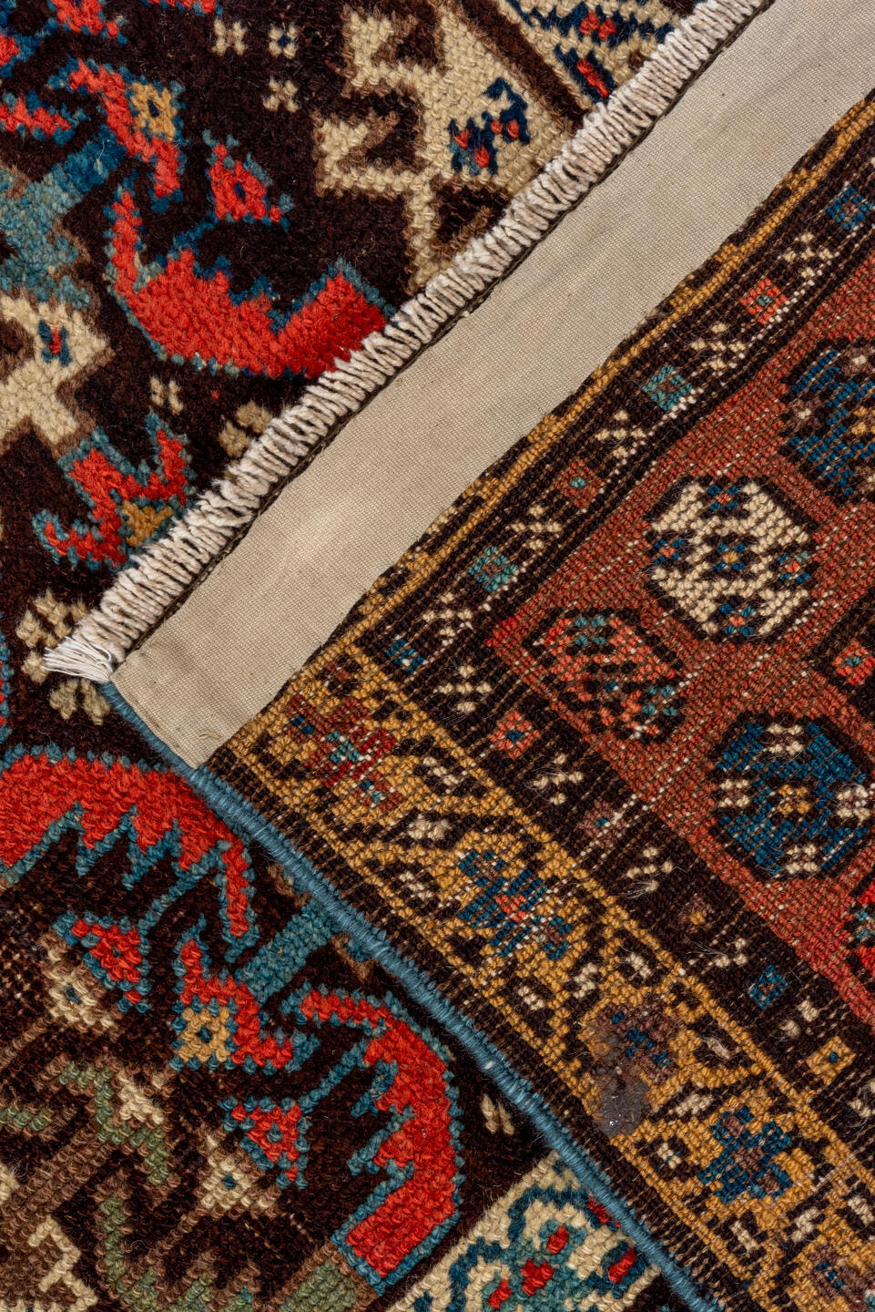 2' x 12' one-of-a-kind handmade antique NW Persian runner rug. Color palette: brown, rust, navy, ivory, camel, indigo