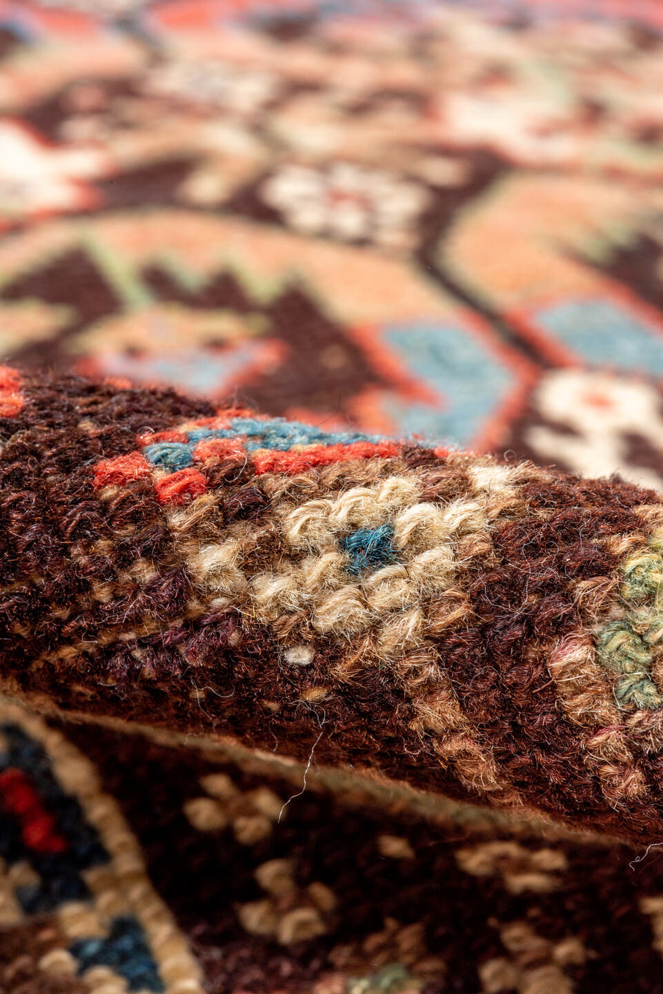 2' x 12' one-of-a-kind handmade antique NW Persian runner rug. Color palette: brown, rust, navy, ivory, camel, indigo