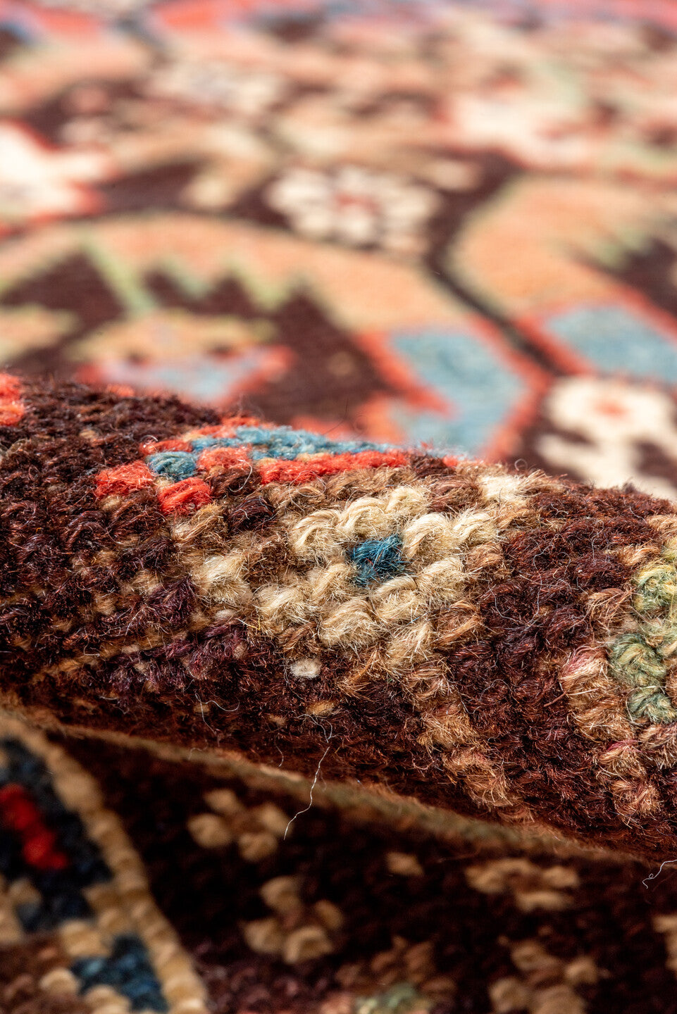 2' x 12' one-of-a-kind handmade antique NW Persian runner rug. Color palette: brown, rust, navy, ivory, camel, indigo