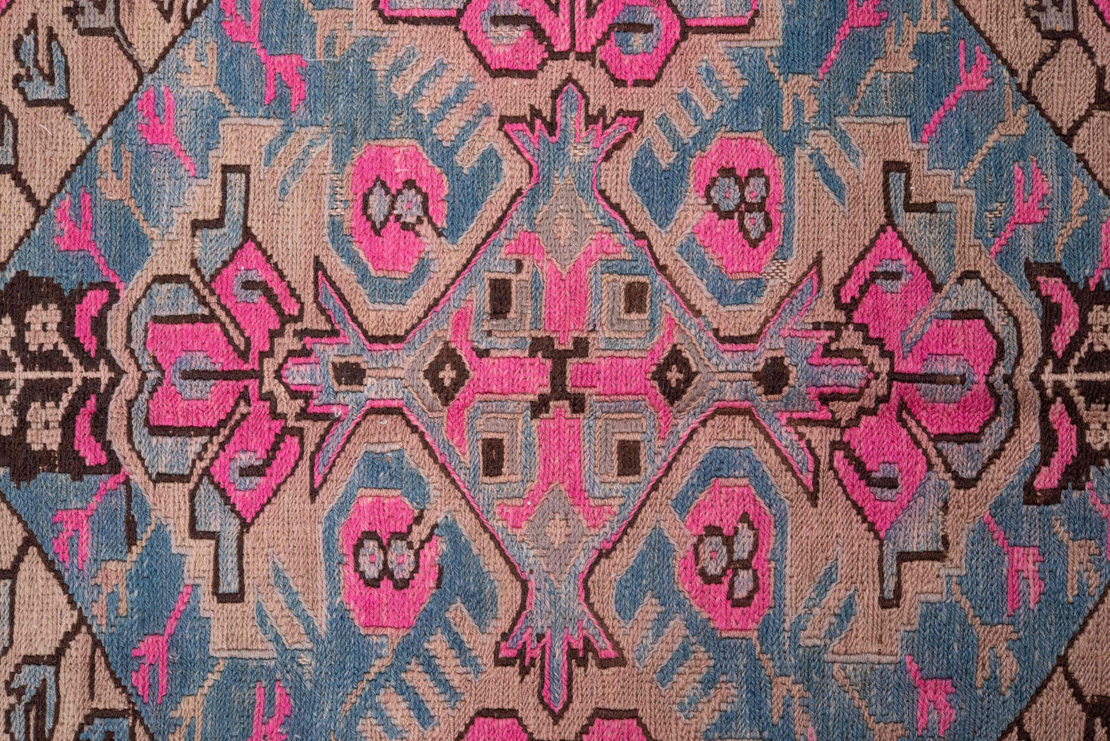 4' x 10' one-of-a-kind handmade vintage Sumak runner rug. Color palette: black, blue, brown, fiord, gray, light gray