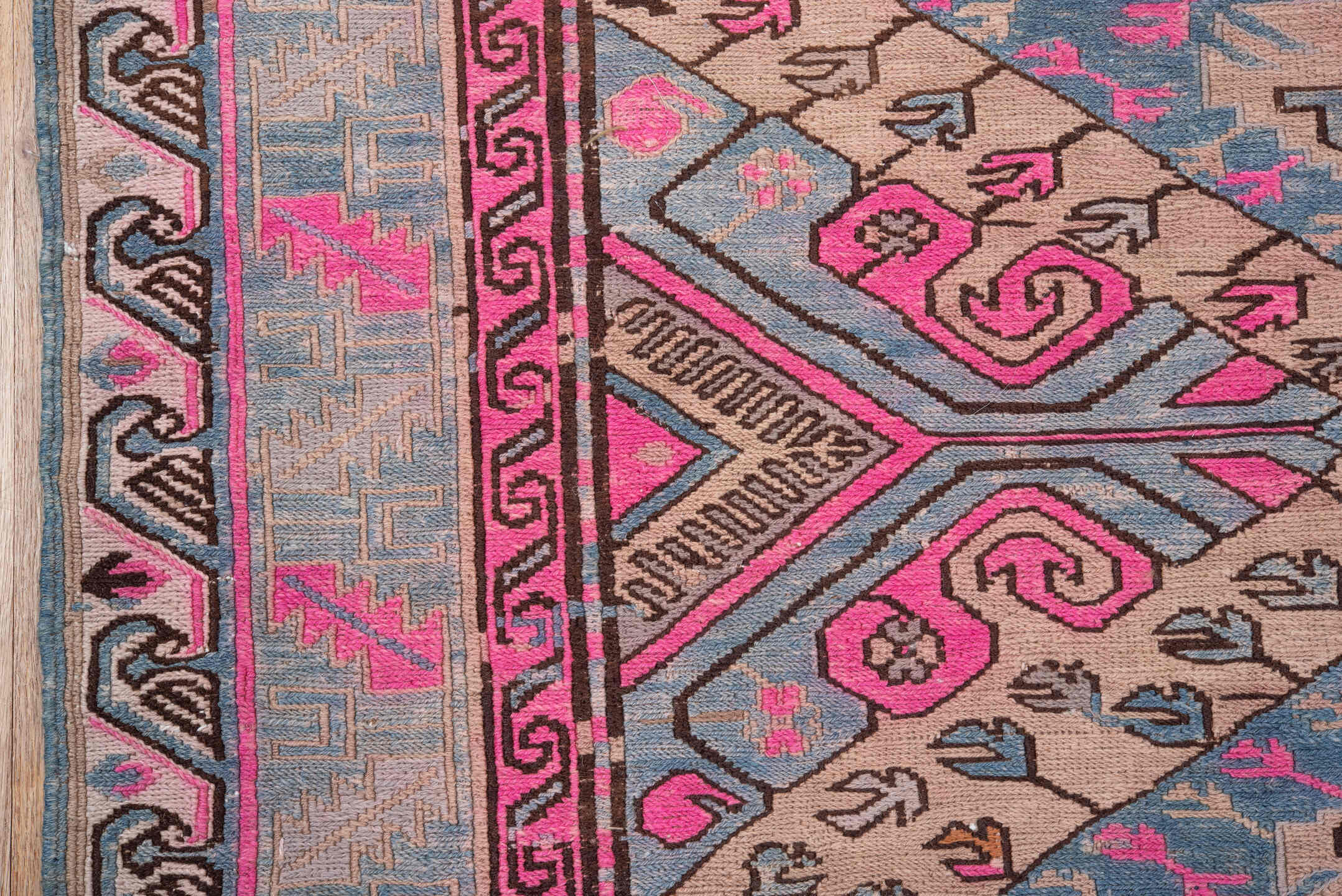 4' x 10' one-of-a-kind handmade antique Sumak runner rug. Color palette: blue, ivory, pink, taupe, charcoal, brown, beige