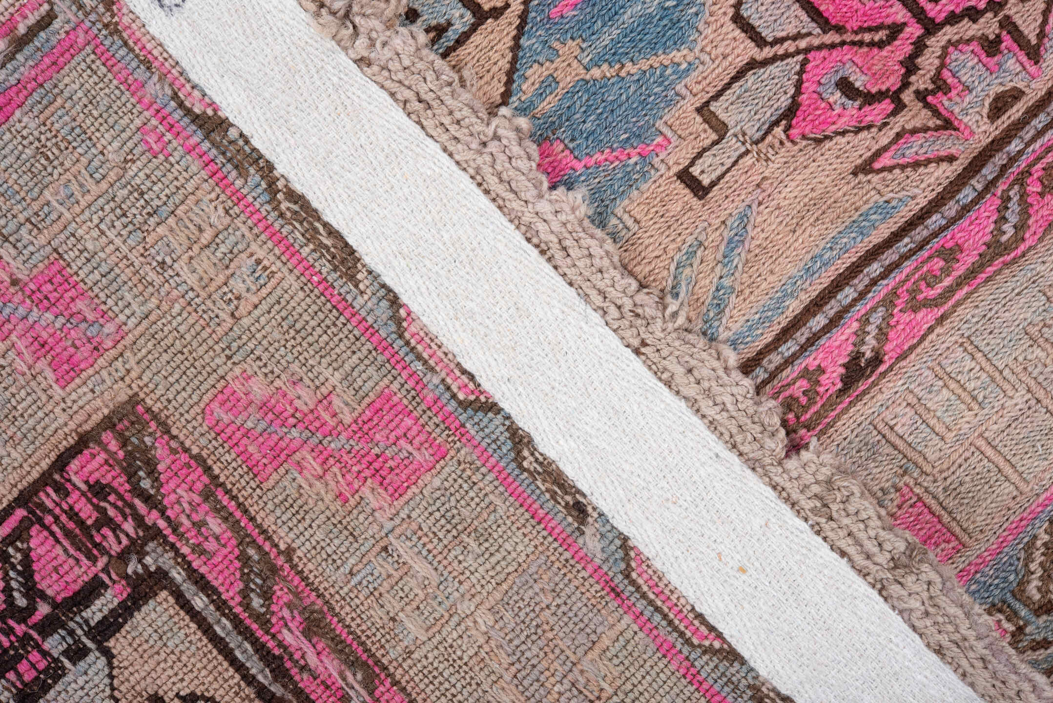 4' x 10' one-of-a-kind handmade antique Sumak runner rug. Color palette: blue, ivory, pink, taupe, charcoal, brown, beige