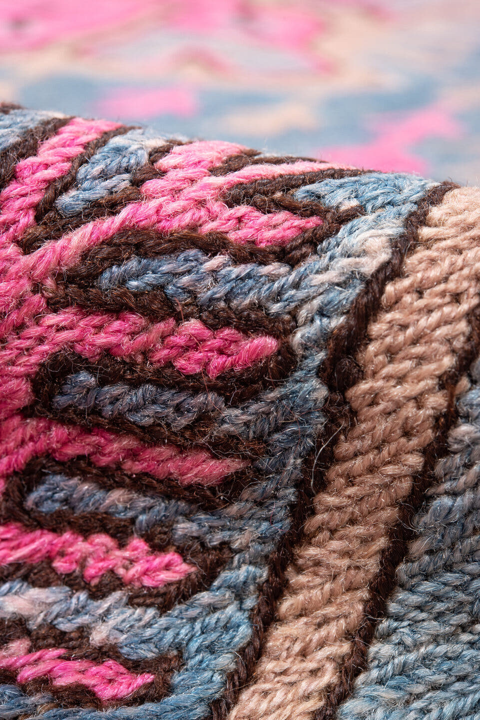 4' x 10' one-of-a-kind handmade antique Sumak runner rug. Color palette: blue, ivory, pink, taupe, charcoal, brown, beige