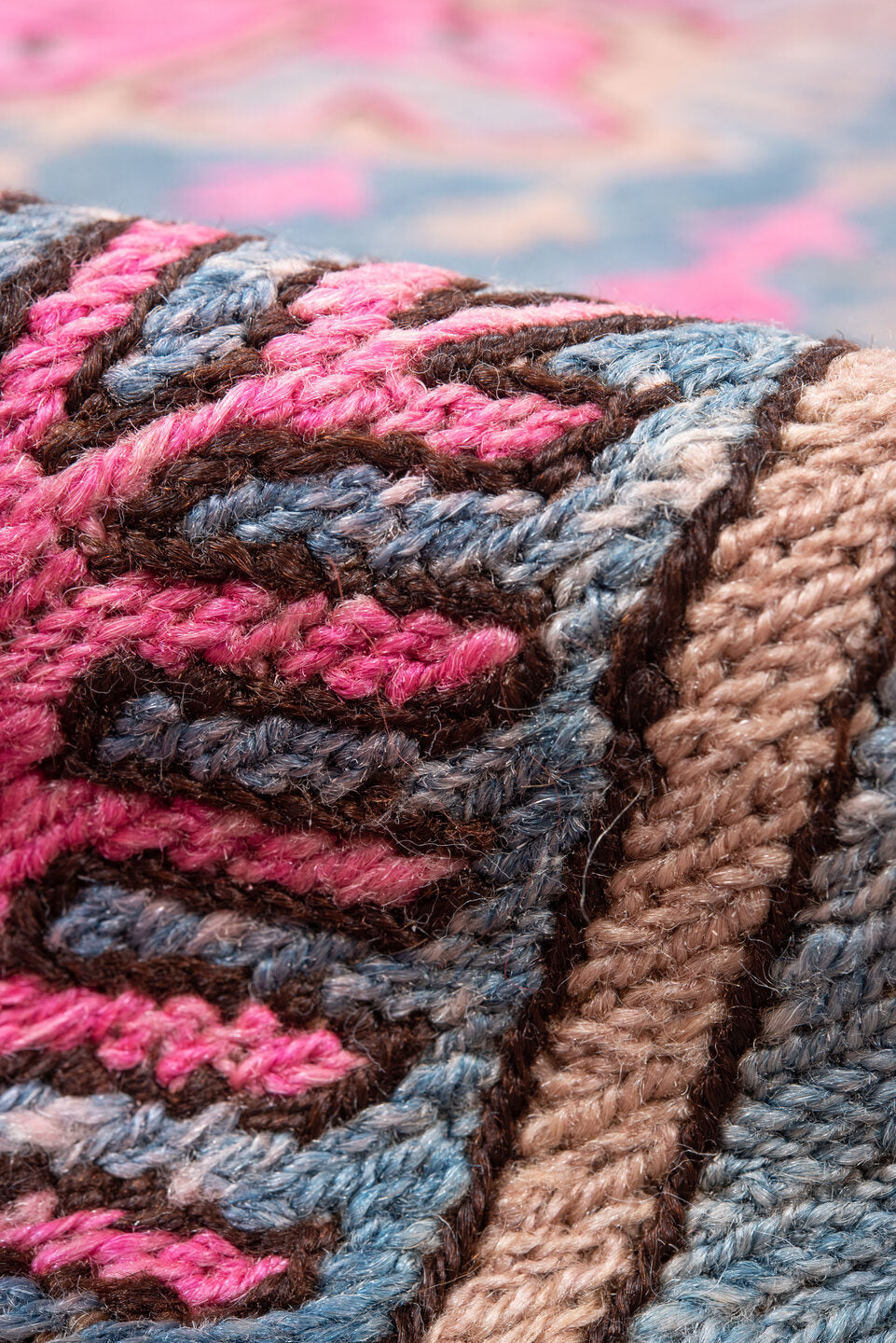 4' x 10' one-of-a-kind handmade antique Sumak runner rug. Color palette: blue, ivory, pink, taupe, charcoal, brown, beige