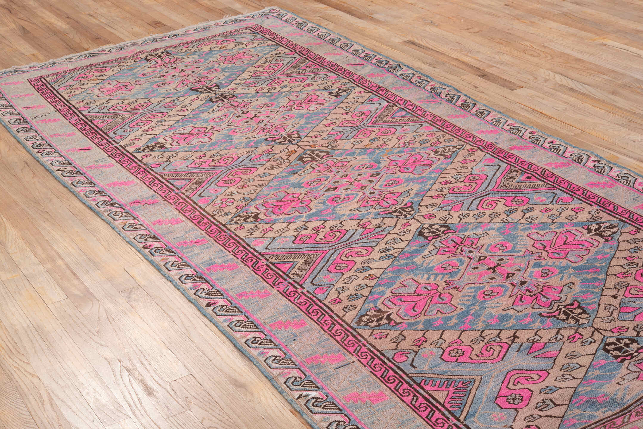 4' x 10' one-of-a-kind handmade antique Sumak runner rug. Color palette: blue, ivory, pink, taupe, charcoal, brown, beige