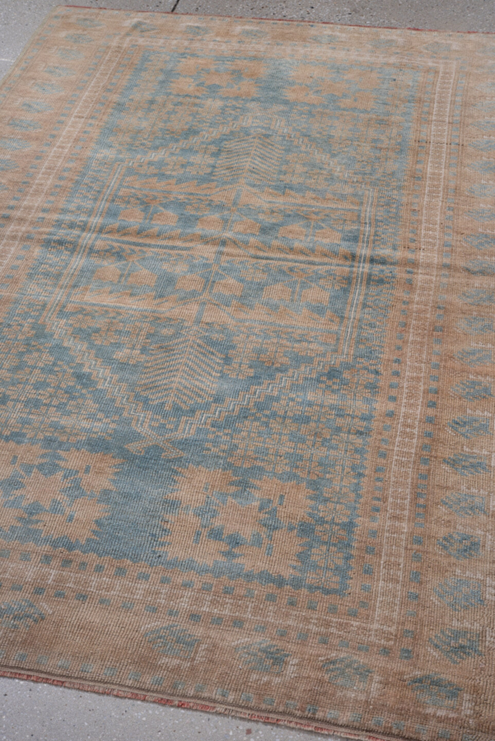 3' x 6' one-of-a-kind handmade antique Oushak small size rug. Color palette: camel, sky blue, ivory, taupe, terracotta