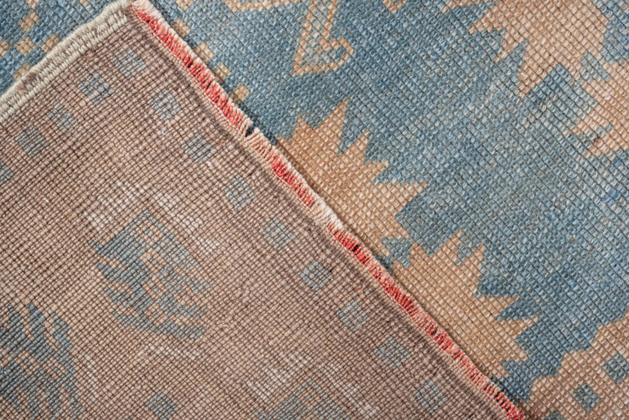 3' x 6' one-of-a-kind handmade antique Oushak small size rug. Color palette: camel, sky blue, ivory, taupe, terracotta