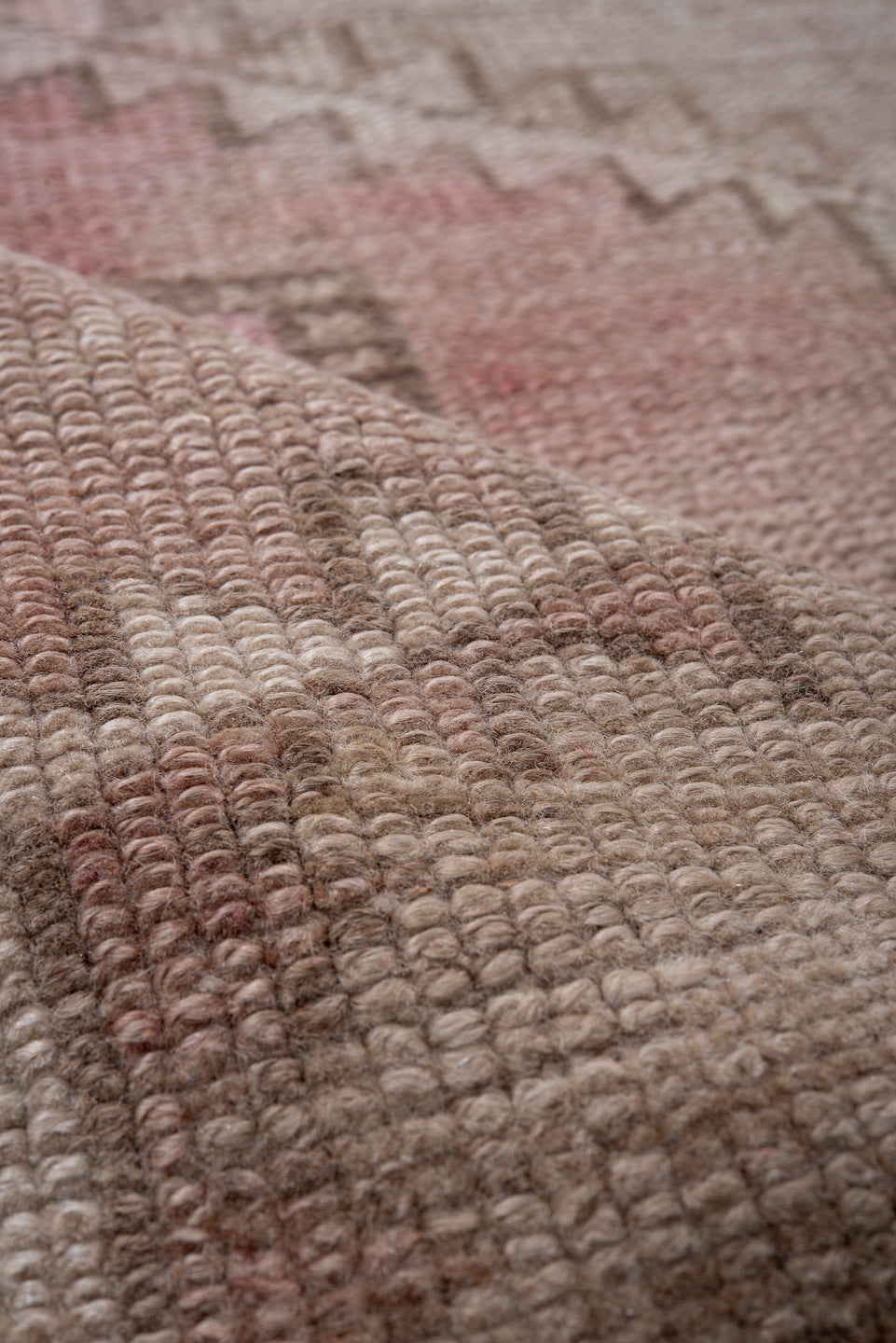 3' x 10' one-of-a-kind handmade vintage Oushak runner rug. Color palette: brown, gray, light gray, off-white, pink, snow
