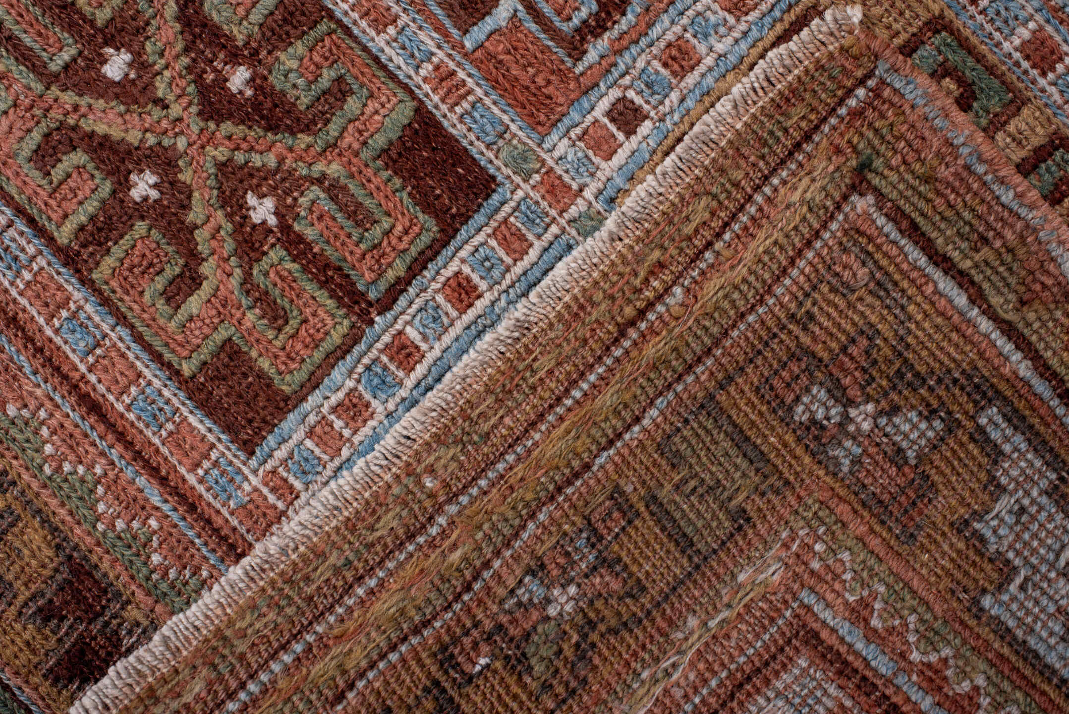 2' x 4' one-of-a-kind handmade antique Sumak small size rug. Color palette: rust, camel, sky blue, ivory, olive, brown