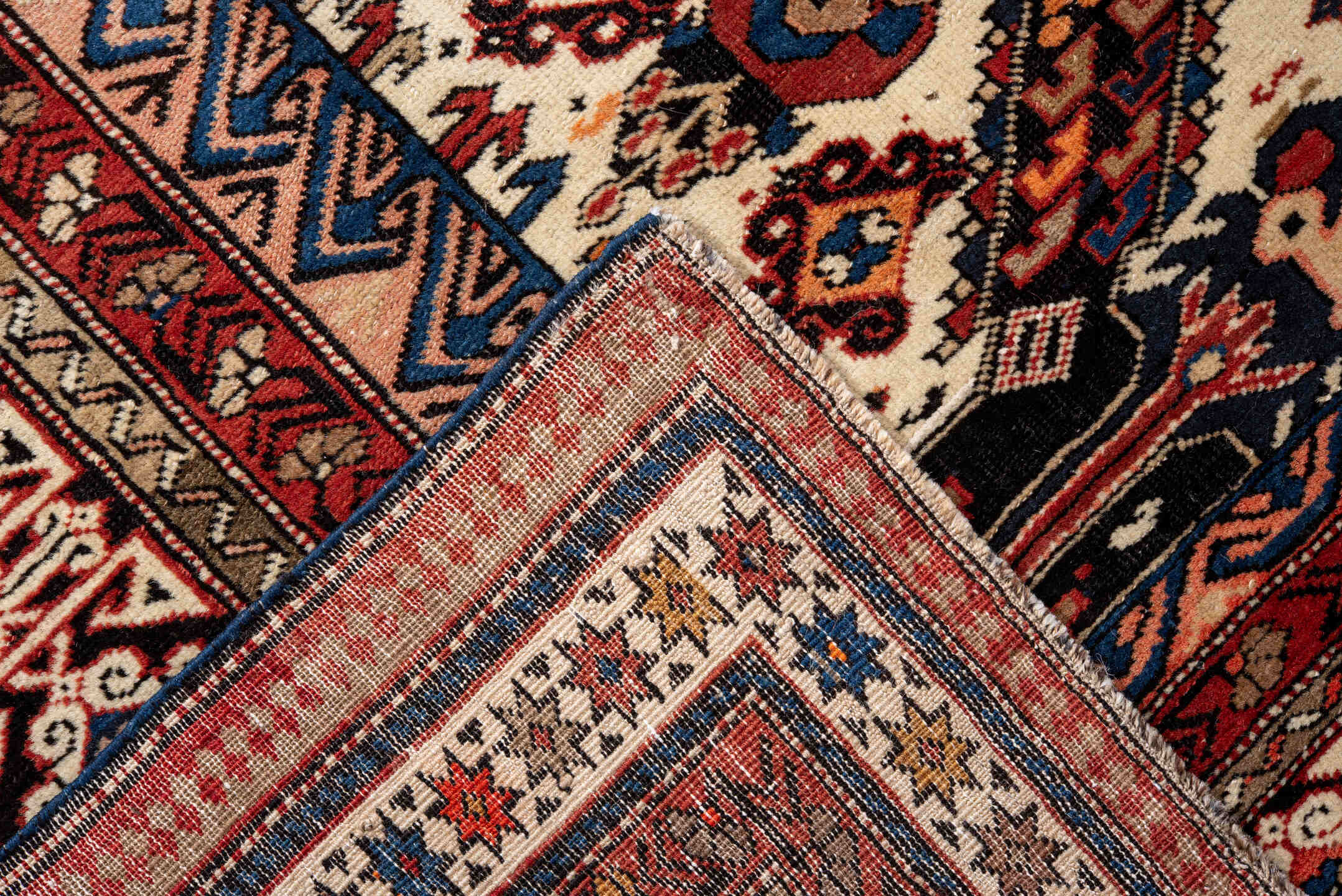 5' x 9' one-of-a-kind handmade vintage Caucasian medium size rug. Color palette: blue, brown, gray, light gray, off-white