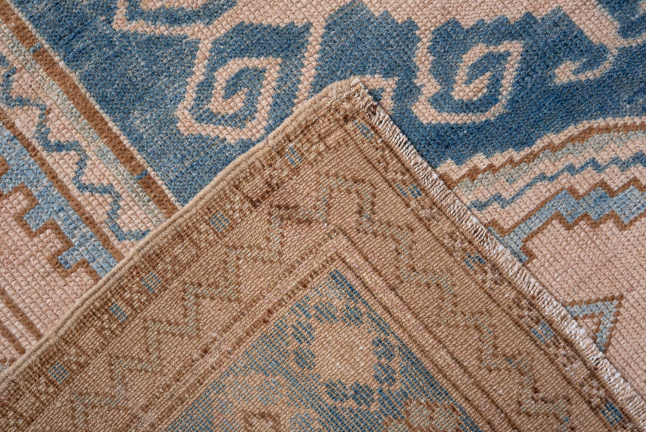 4' x 6' one-of-a-kind handmade vintage Oushak small size rug. Color palette: blush, sky_blue, navy, ivory, taupe, camel