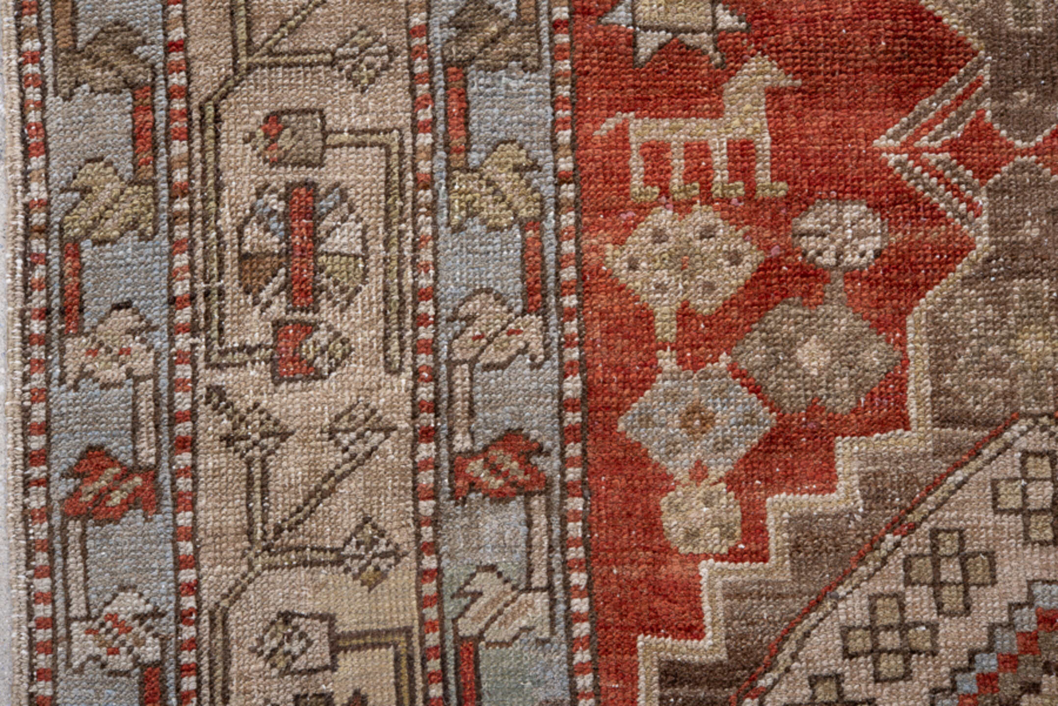 3' x 7' one-of-a-kind handmade vintage Heriz rug. Color palette: blue, brown, gray, light gray, off-white, pink, red